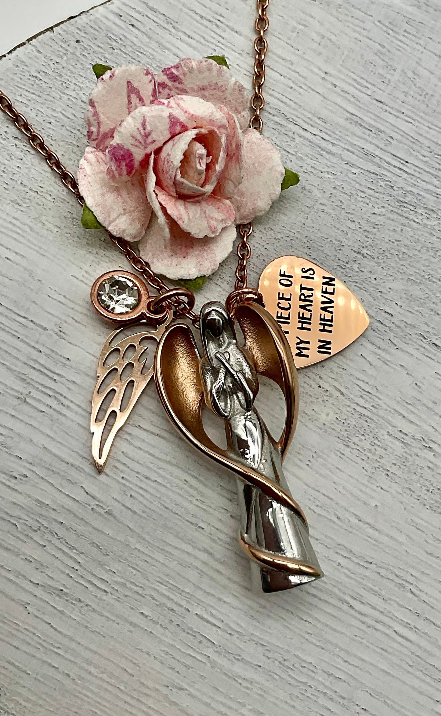 Silver and Rose Gold Angel Ash Urn Necklace with Birthstone and Angel Wing - Personalization for Male or Female Funeral Memorial