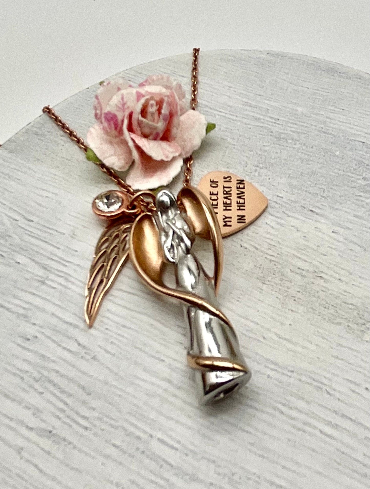 Silver and Rose Gold Angel Ash Urn Necklace with Birthstone and Angel Wing - Personalization for Male or Female Funeral Memorial