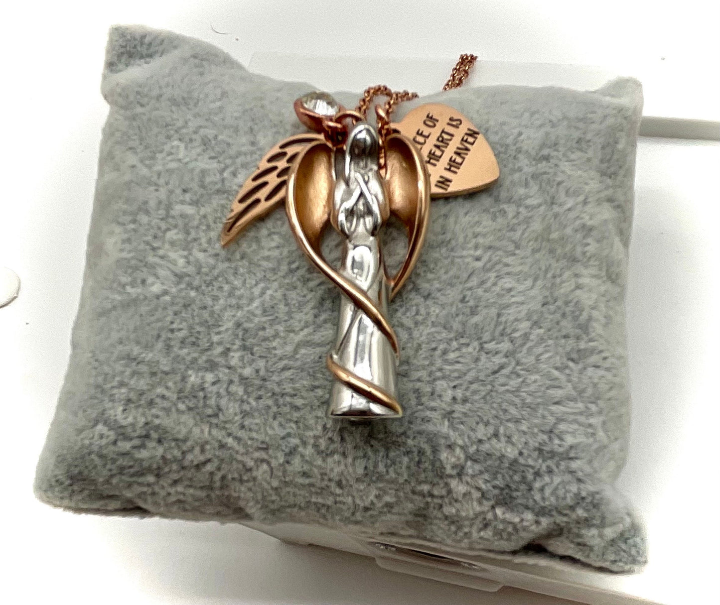 Silver and Rose Gold Angel Ash Urn Necklace with Birthstone and Angel Wing - Personalization for Male or Female Funeral Memorial