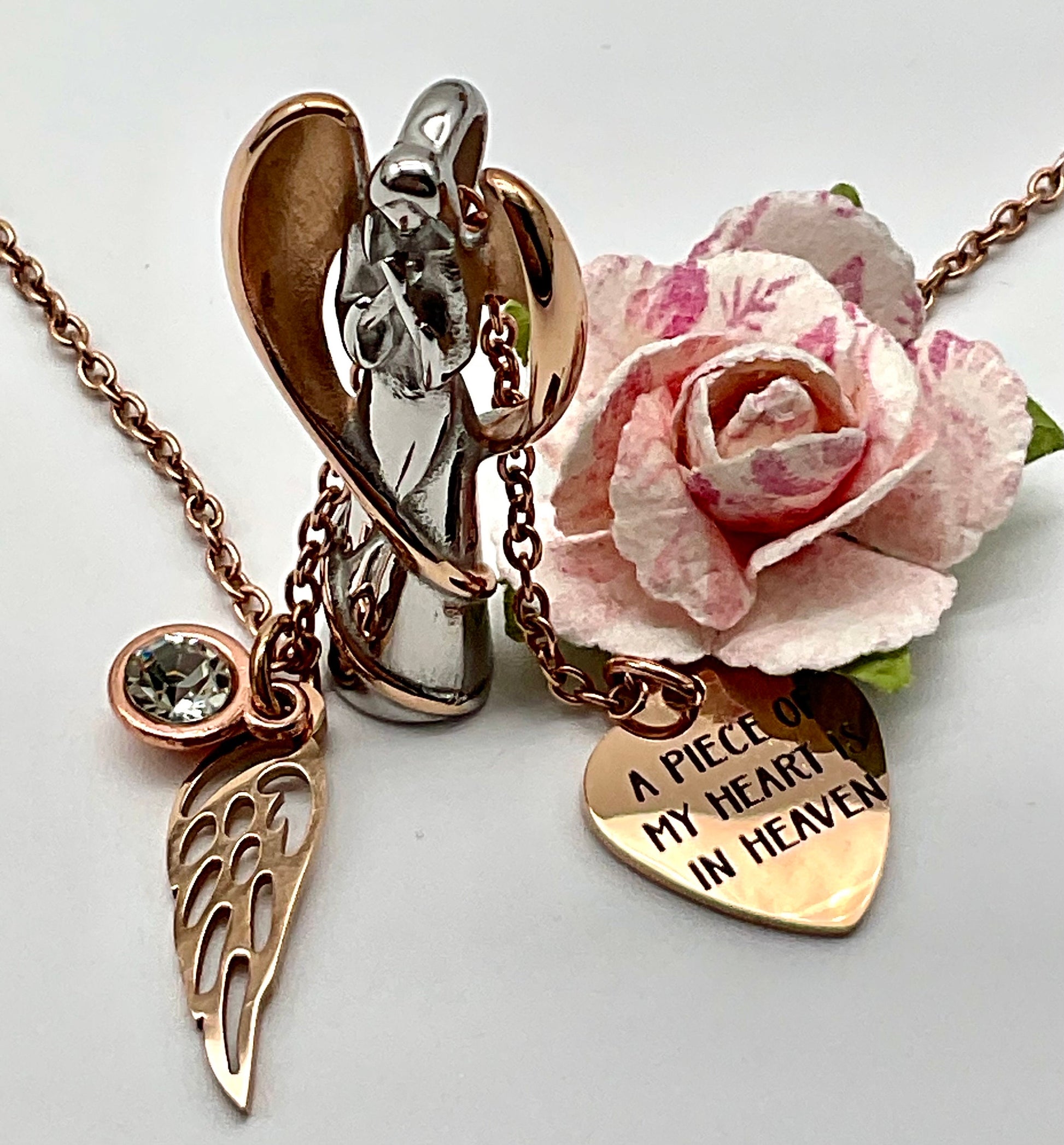 Silver and Rose Gold Angel Ash Urn Necklace with Birthstone and Angel Wing - Personalization for Male or Female Funeral Memorial