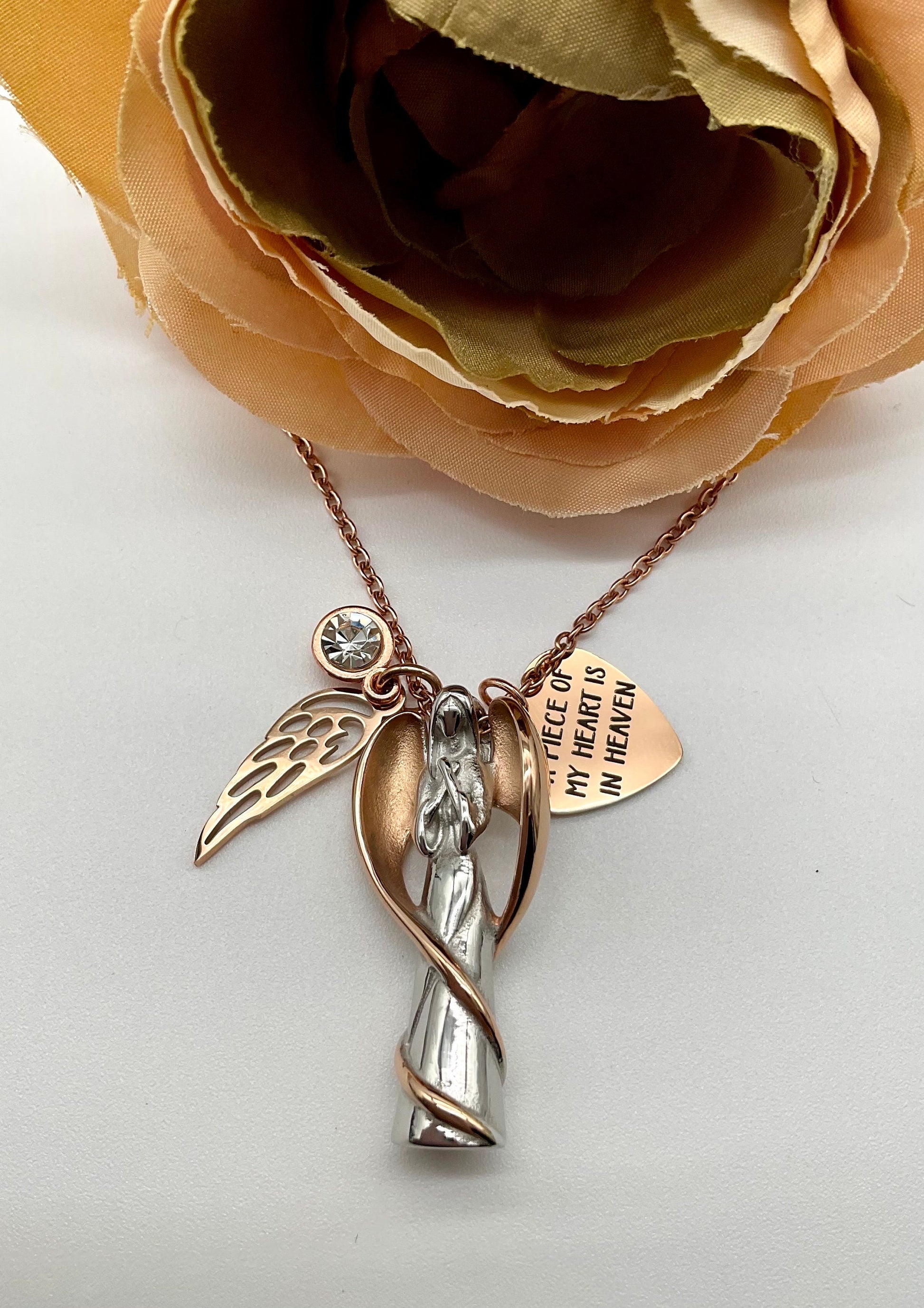 Silver and Rose Gold Angel Ash Urn Necklace with Birthstone and Angel Wing - Personalization for Male or Female Funeral Memorial