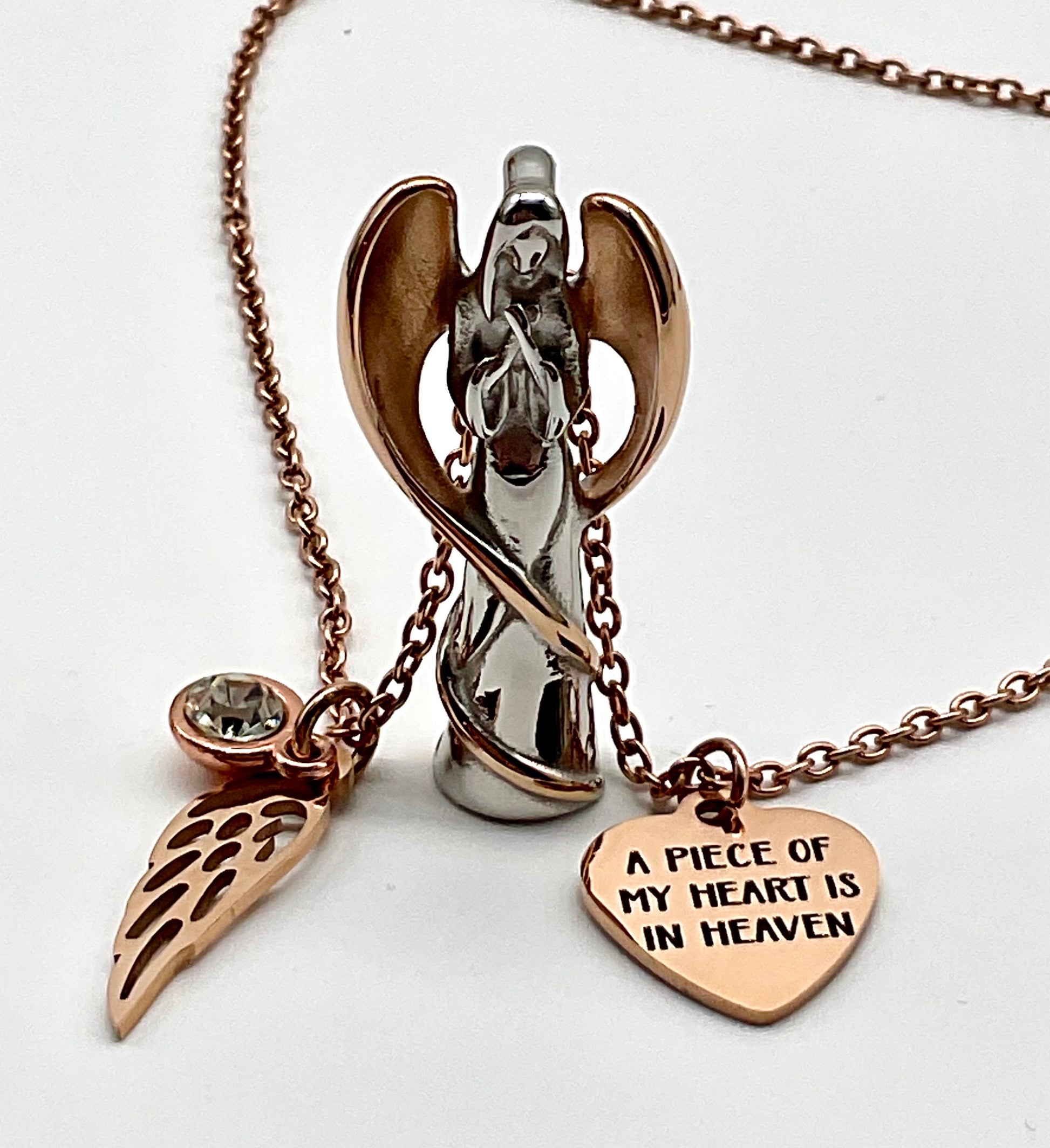 Silver and Rose Gold Angel Ash Urn Necklace with Birthstone and Angel Wing - Personalization for Male or Female Funeral Memorial