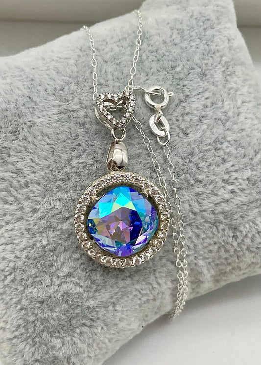 Genuine Periwinkle Illumine Colored Crystal Necklace Pendant with Heart Shaped Bail - 18” Sterling Silver