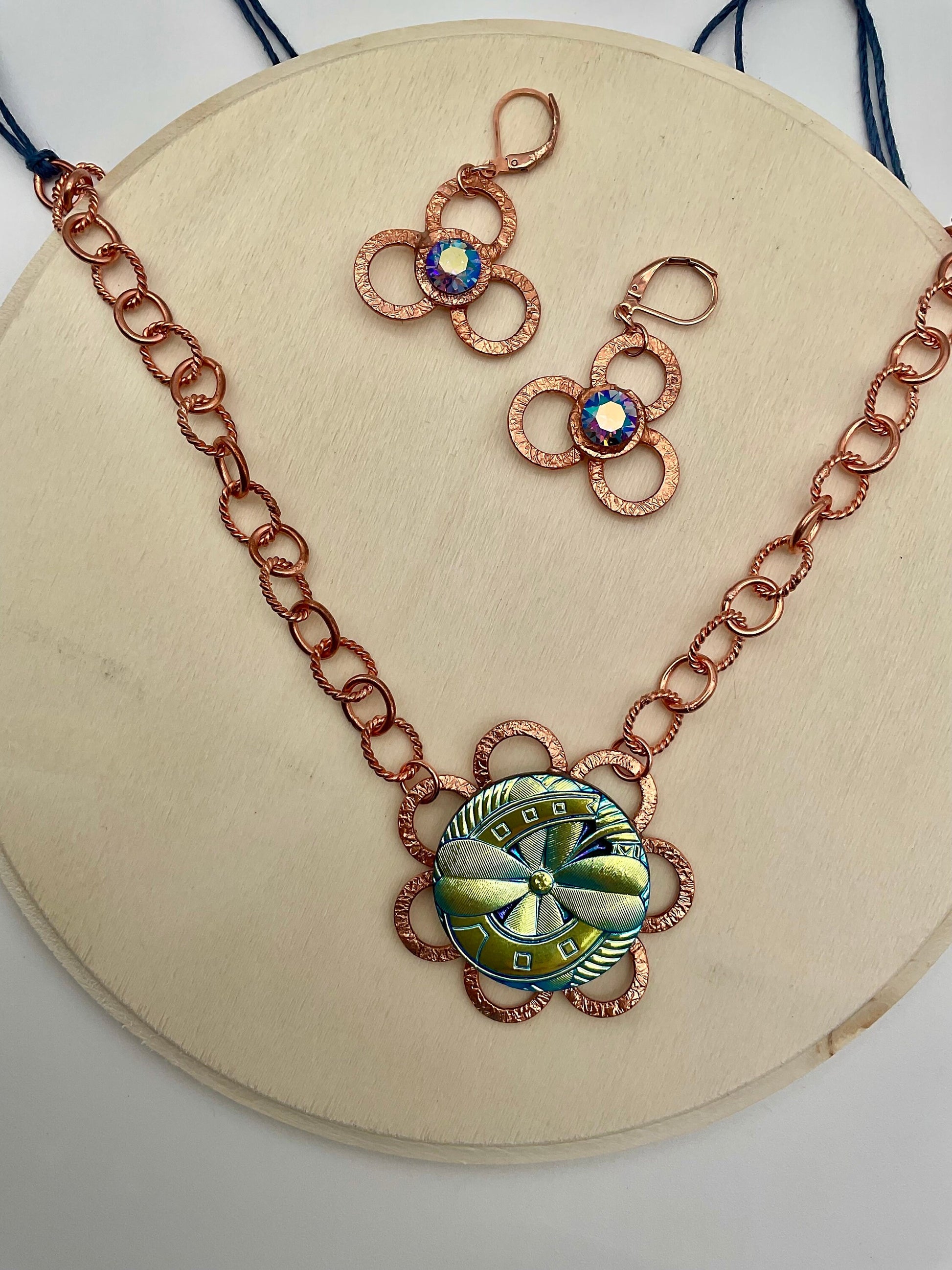 Floral Style Chez Glass - Copper Necklace and Earring Set Blue and Teal Tones