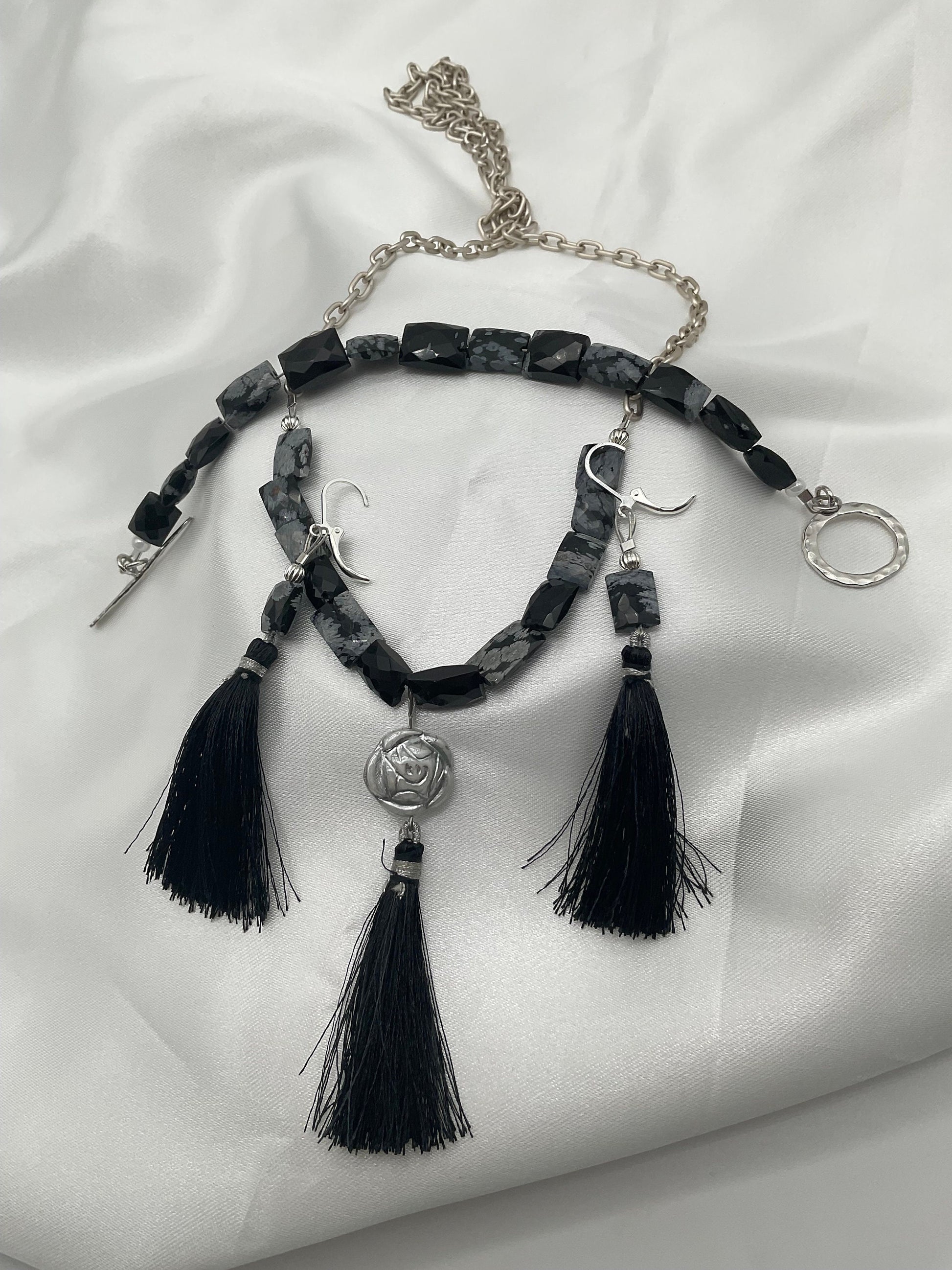 Natural Stone Snowflake Obsidian Necklace with Bracelet and Matching Earring Set - Guard Negative Energy
