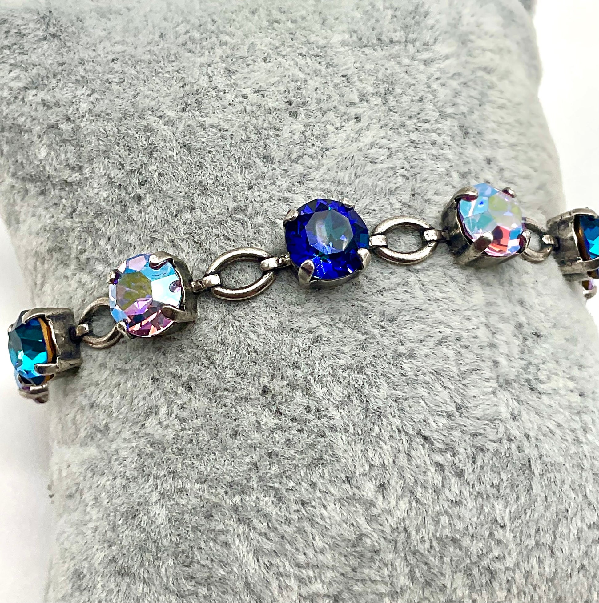 8MM AB and Blue Genuine Crystal Bracelet for Special Occasions Silver 7-8 Inches