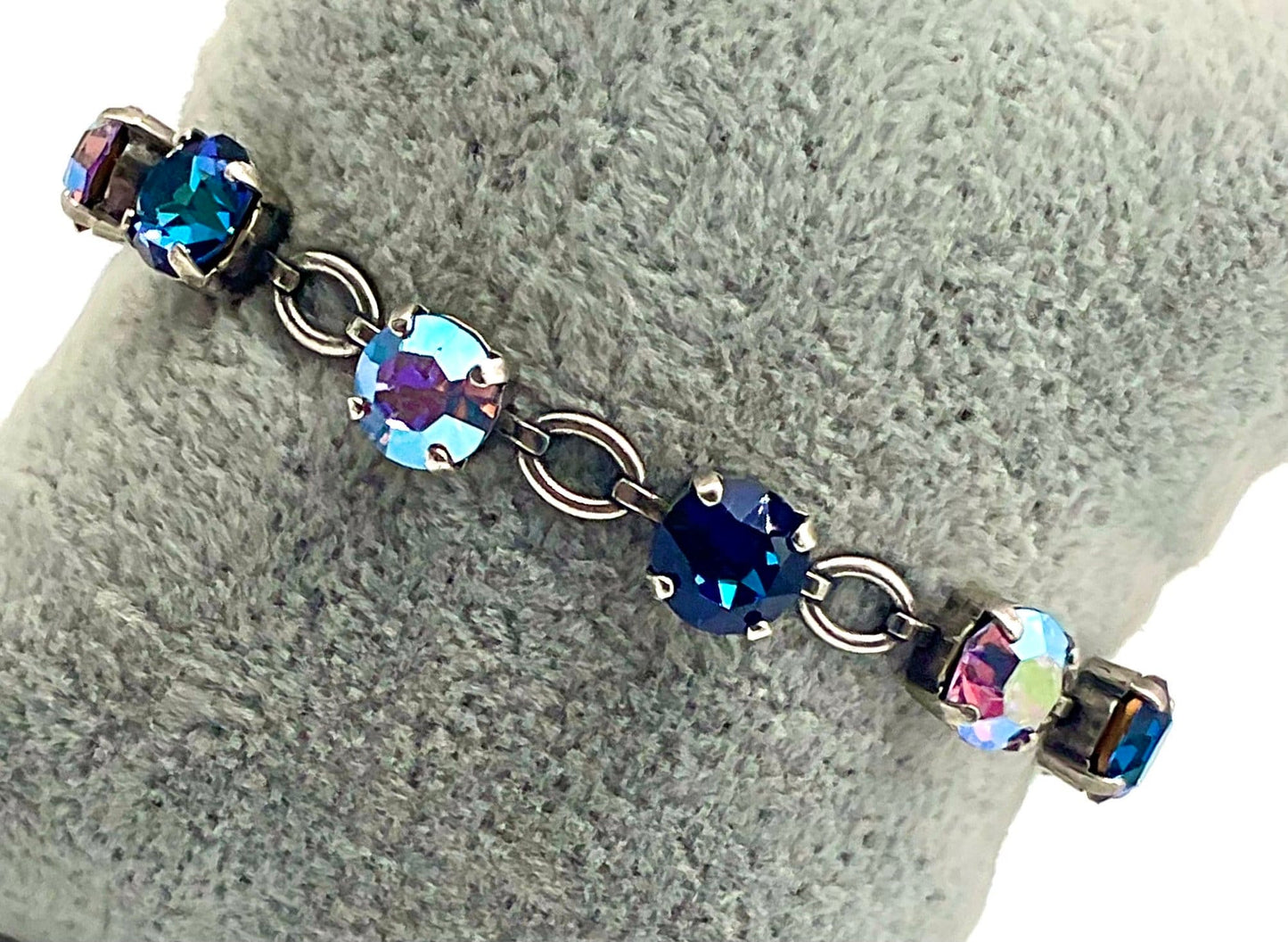 8MM AB and Blue Genuine Crystal Bracelet for Special Occasions Silver 7-8 Inches