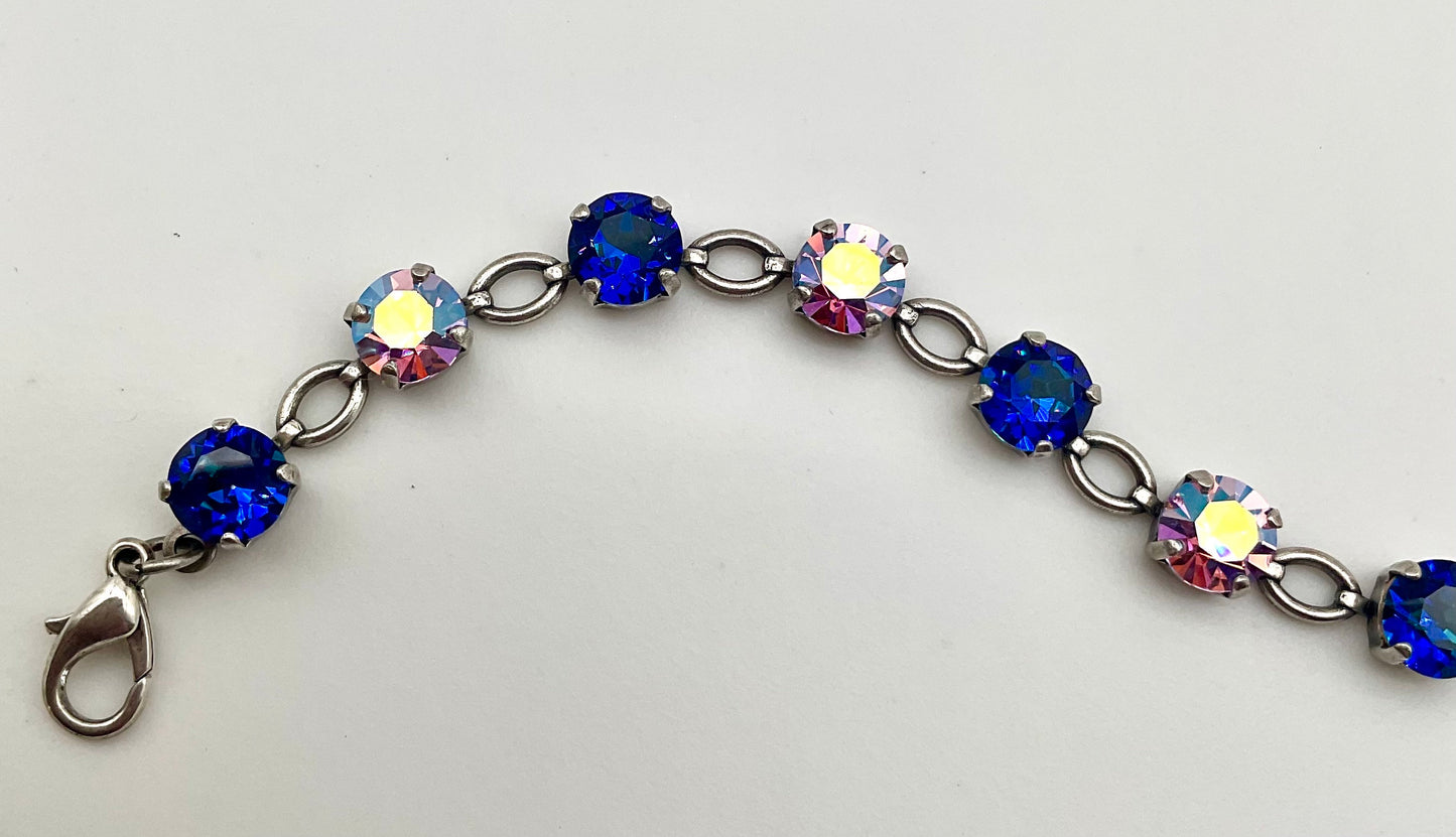 8MM AB and Blue Genuine Crystal Bracelet for Special Occasions Silver 7-8 Inches