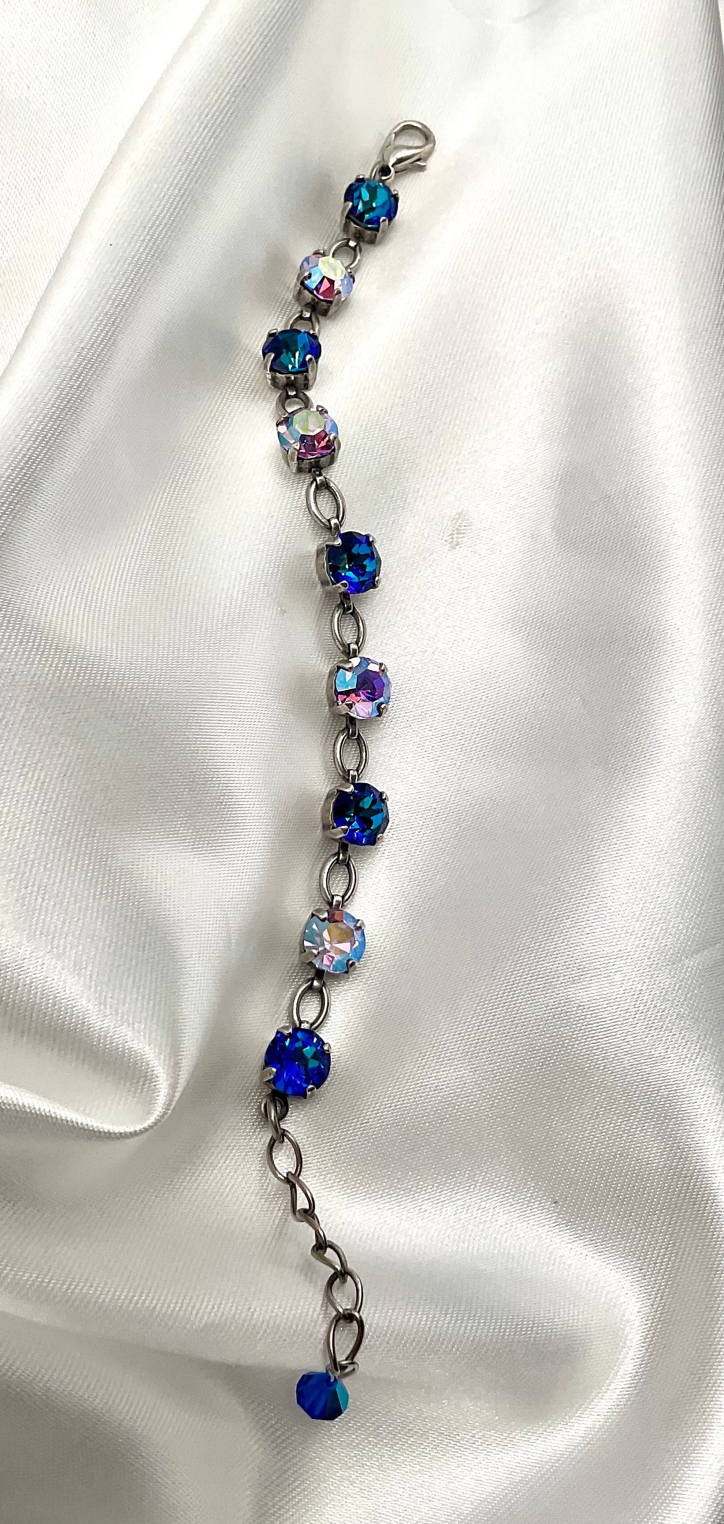 8MM AB and Blue Genuine Crystal Bracelet for Special Occasions Silver 7-8 Inches