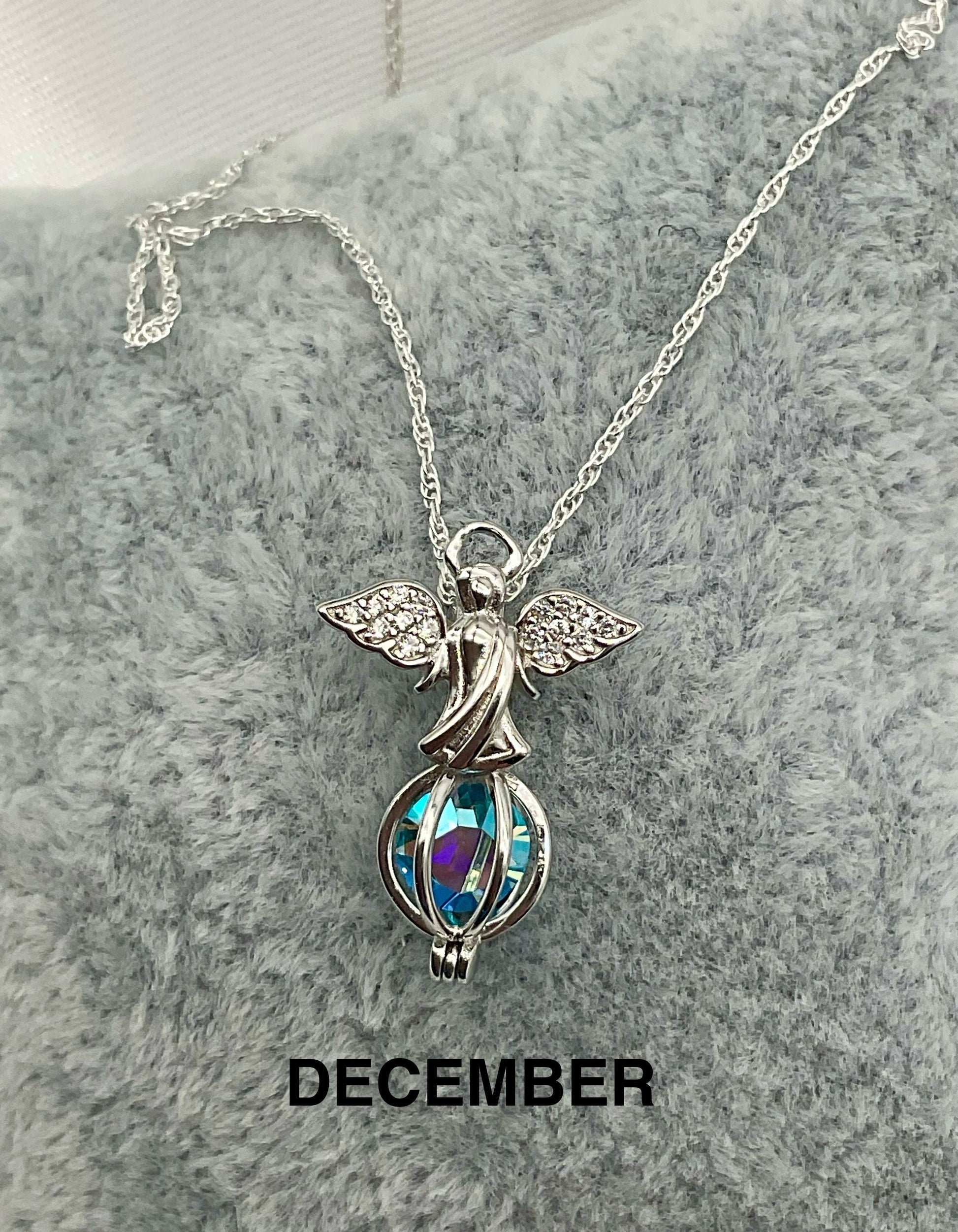 Angel Pendent with Birthstone on a Sterling Silver 18” Necklace