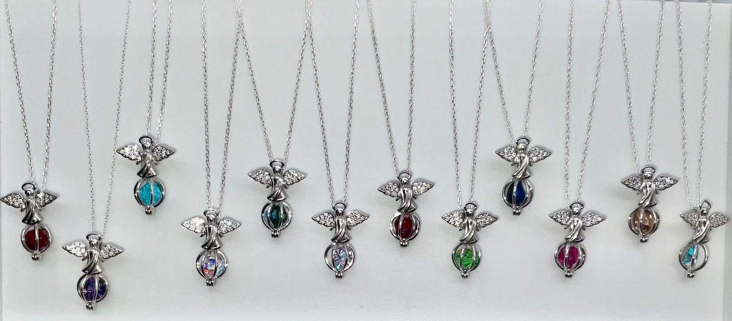 Angel Pendent with Birthstone on a Sterling Silver 18” Necklace