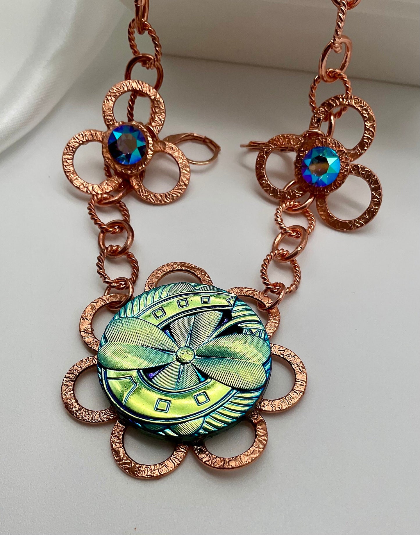 Floral Style Chez Glass - Copper Necklace and Earring Set Blue and Teal Tones