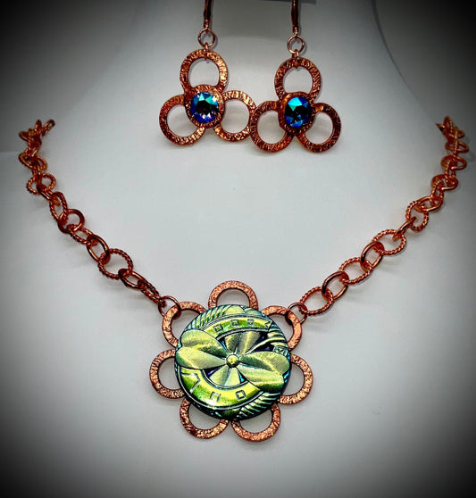 Floral Style Chez Glass - Copper Necklace and Earring Set Blue and Teal Tones