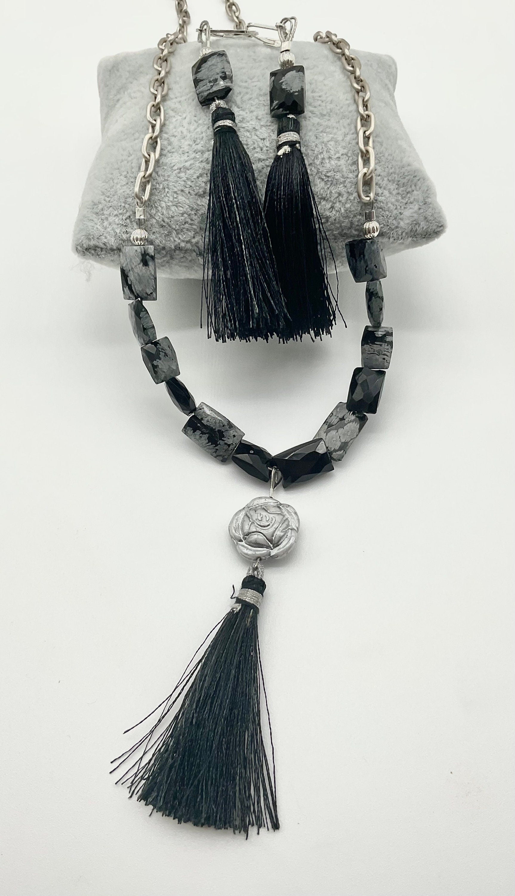 Natural Stone Snowflake Obsidian Necklace with Bracelet and Matching Earring Set - Guard Negative Energy