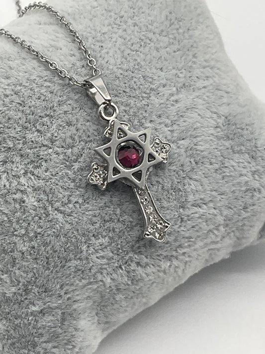 Birthstone Silver Christian Cross with Star of David Religious Necklace- Stainless Steel Chain 18”