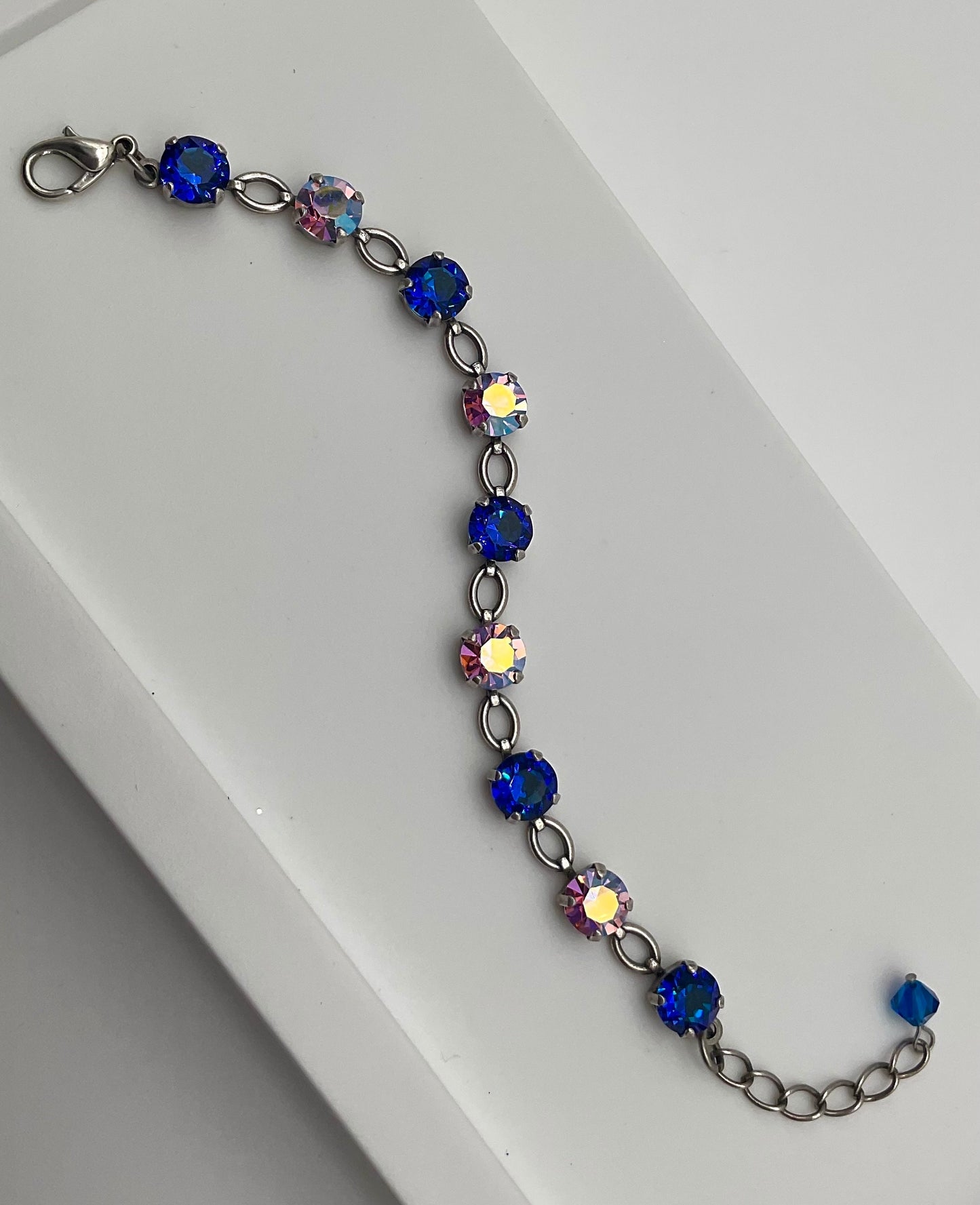 8MM AB and Blue Genuine Crystal Bracelet for Special Occasions Silver 7-8 Inches