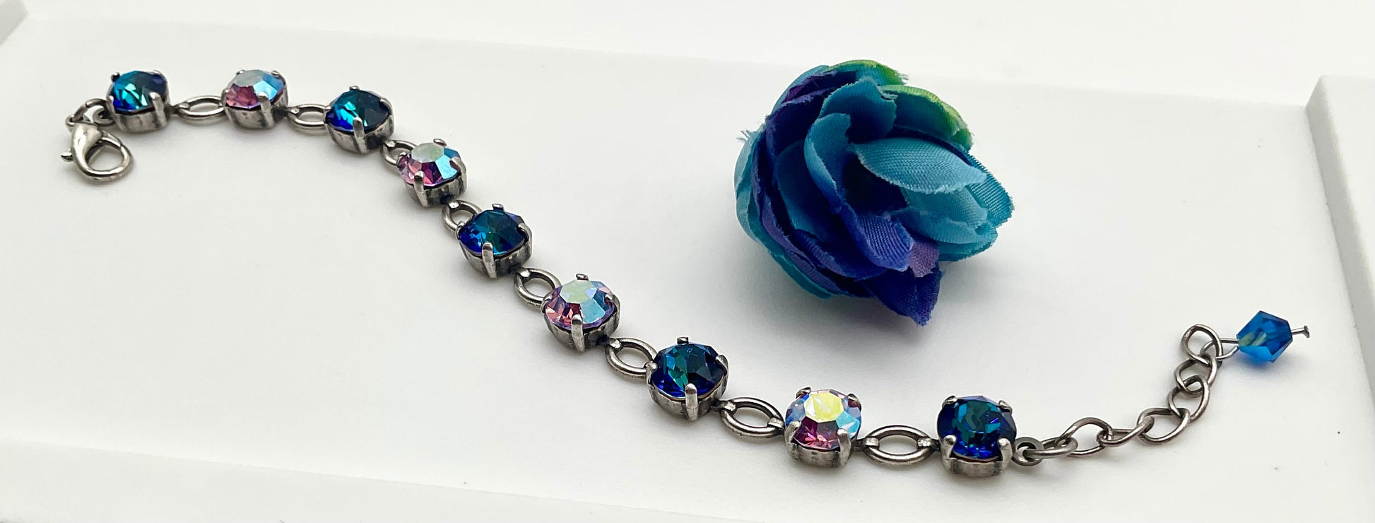 8MM AB and Blue Genuine Crystal Bracelet for Special Occasions Silver 7-8 Inches