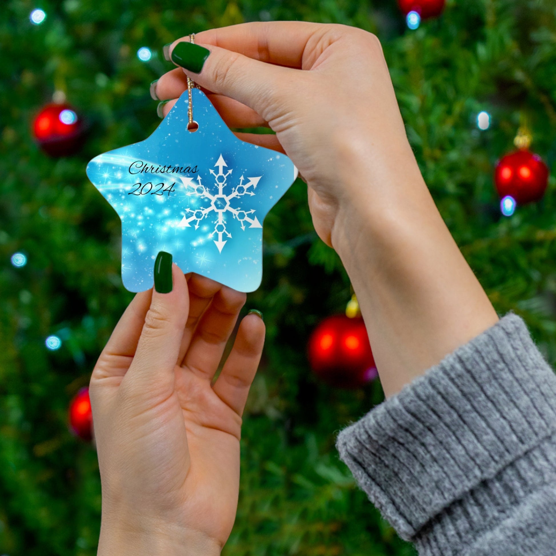 Ceramic Ornament, 4 Shapes - Circle, Snowflake, Heart, Star - Christmas 2024