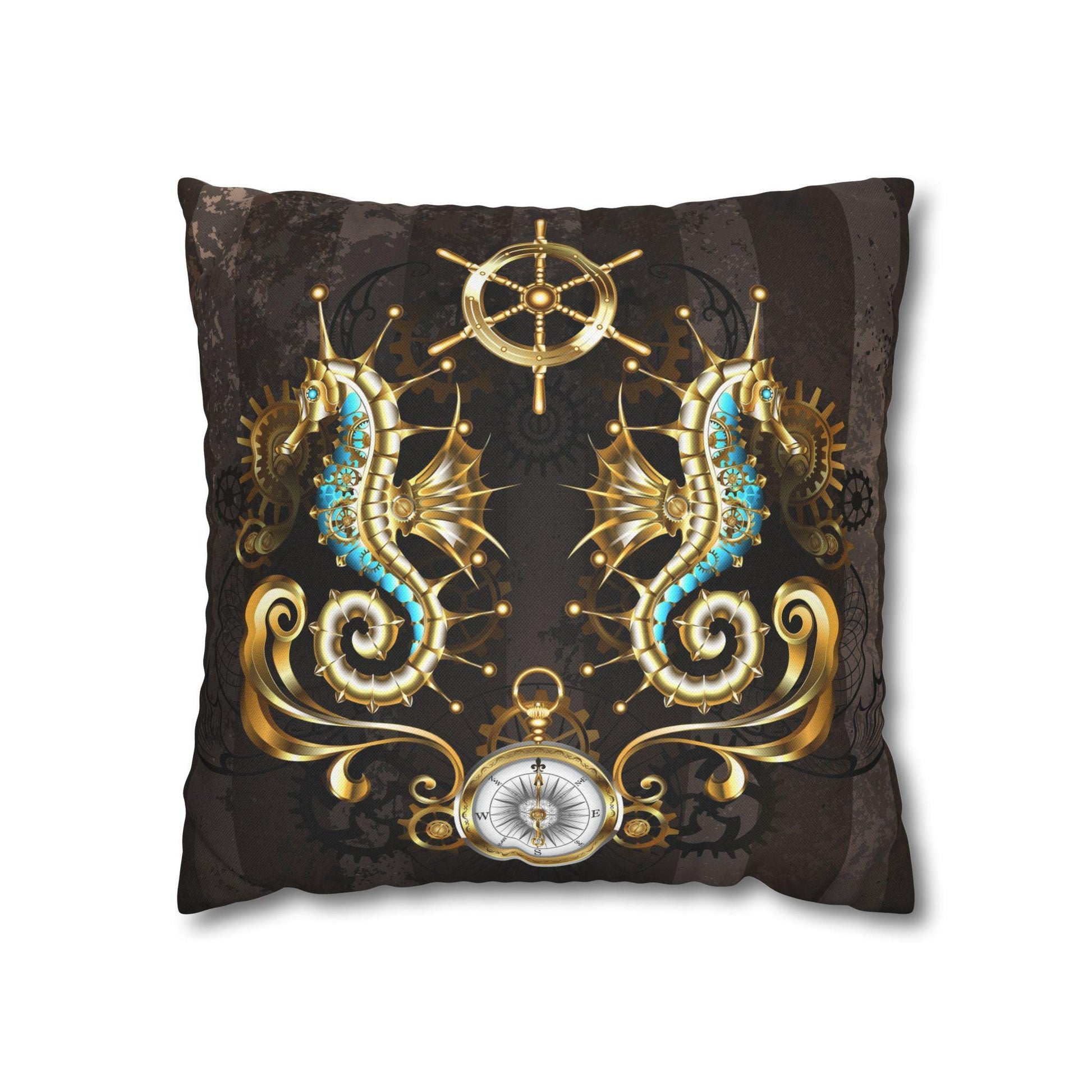 Coastal Seahorse Square Pillowcase, Brown Gold Aqua, Beach Home Decor, Ocean Lover with a Touch of Richness, Tropical Pillow Cover