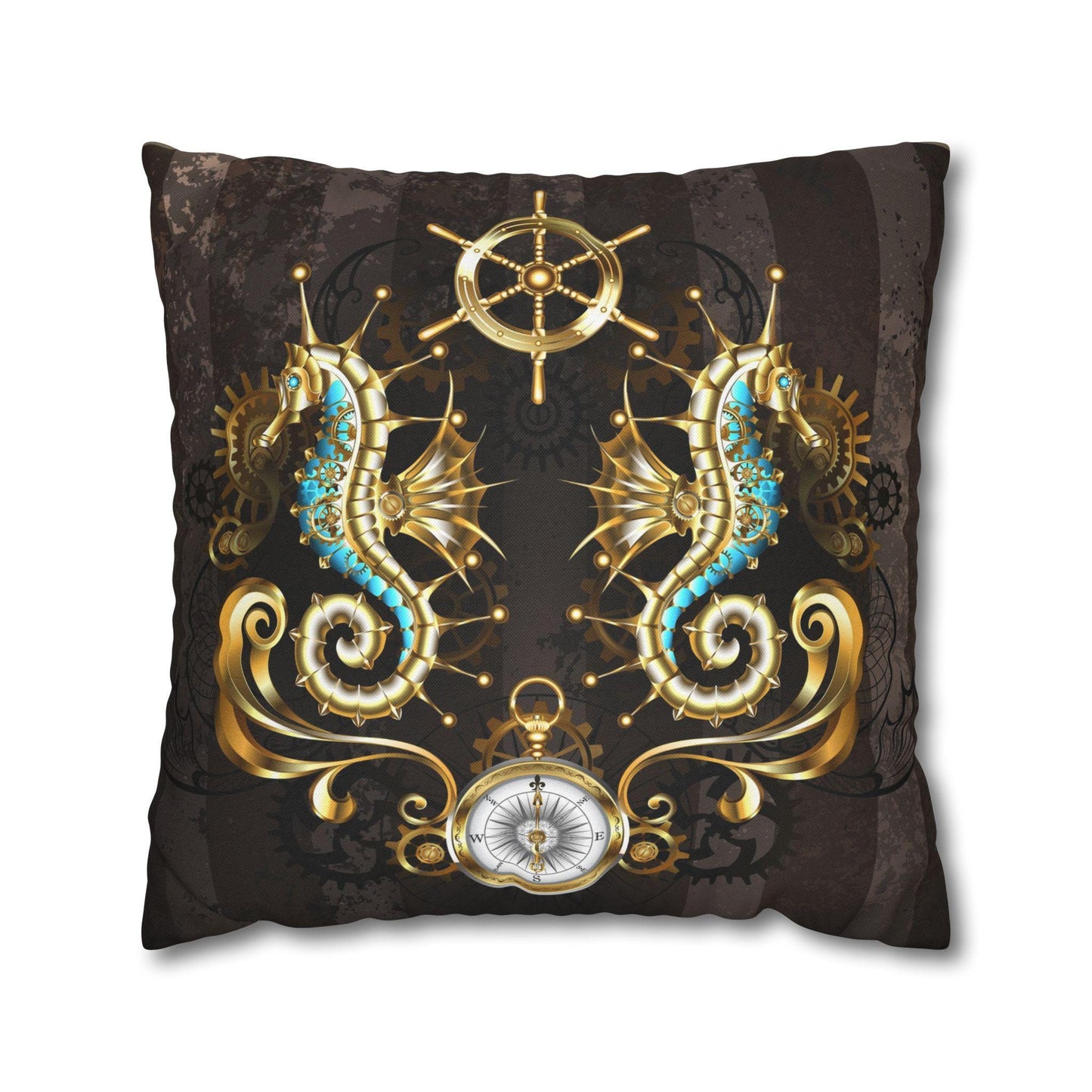 Coastal Seahorse Square Pillowcase, Brown Gold Aqua, Beach Home Decor, Ocean Lover with a Touch of Richness, Tropical Pillow Cover