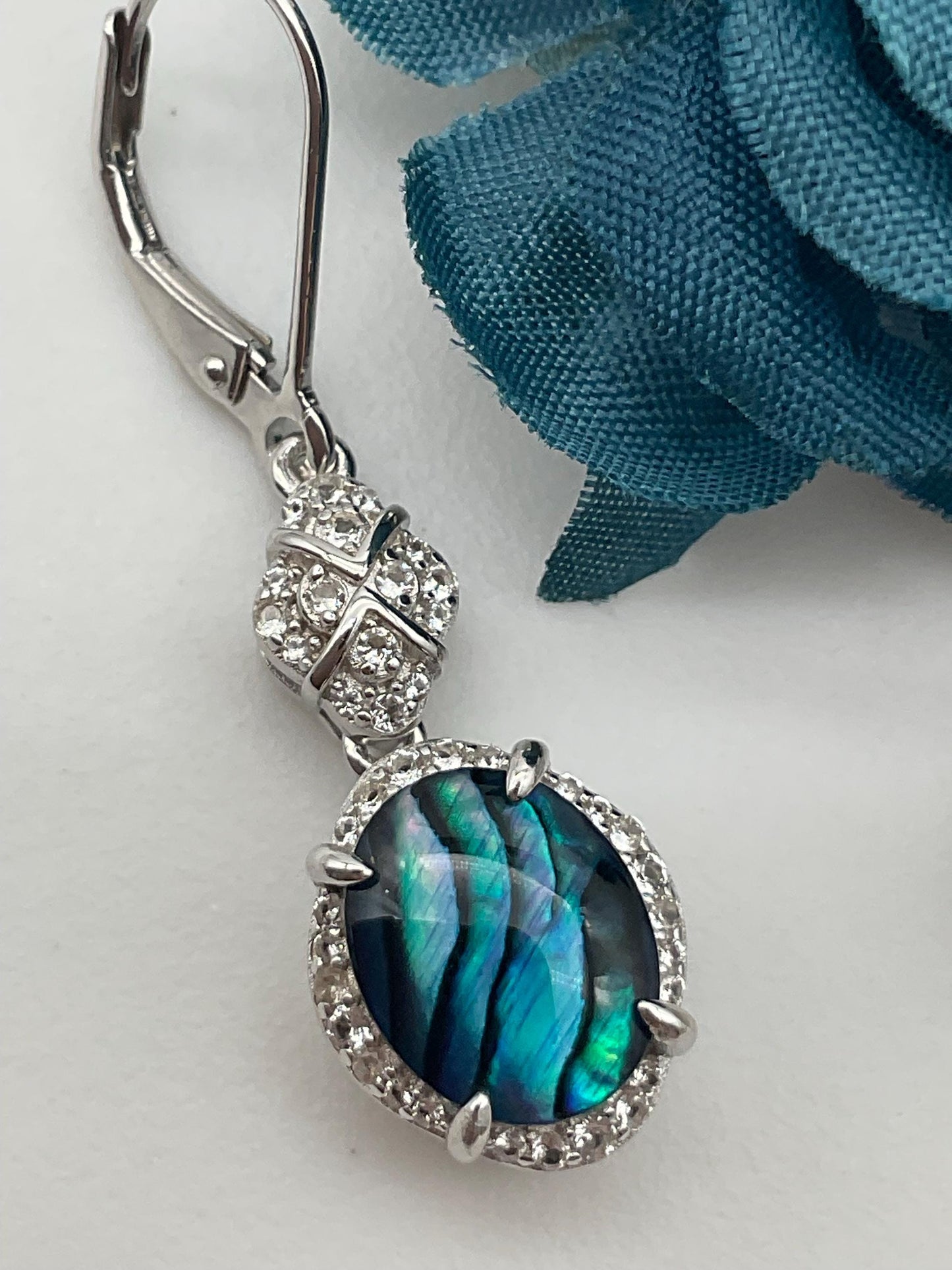 Sterling Silver Teal - Blue Abalone Shell Drop Dangle Earrings with CZ Accents