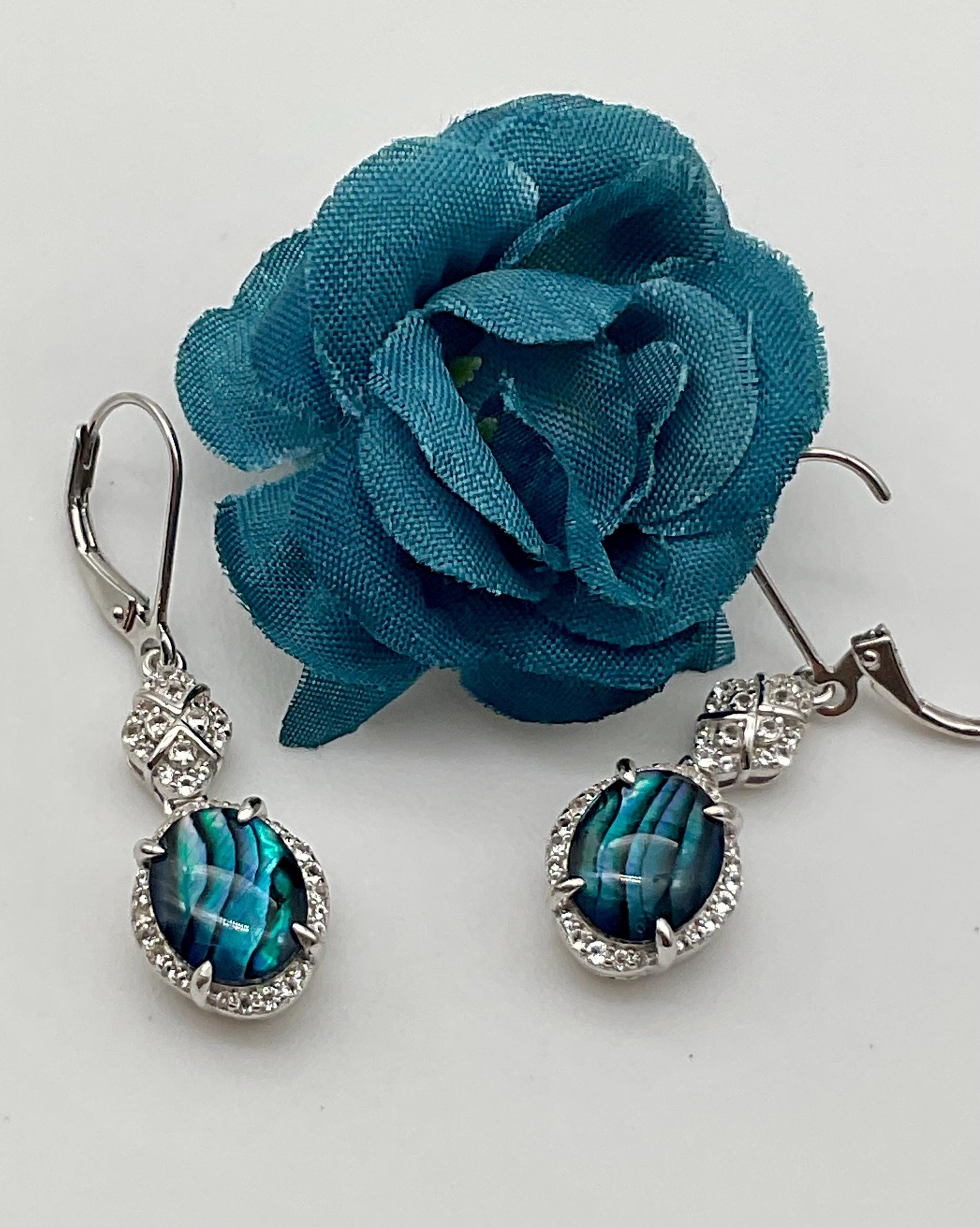 Sterling Silver Teal - Blue Abalone Shell Drop Dangle Earrings with CZ Accents