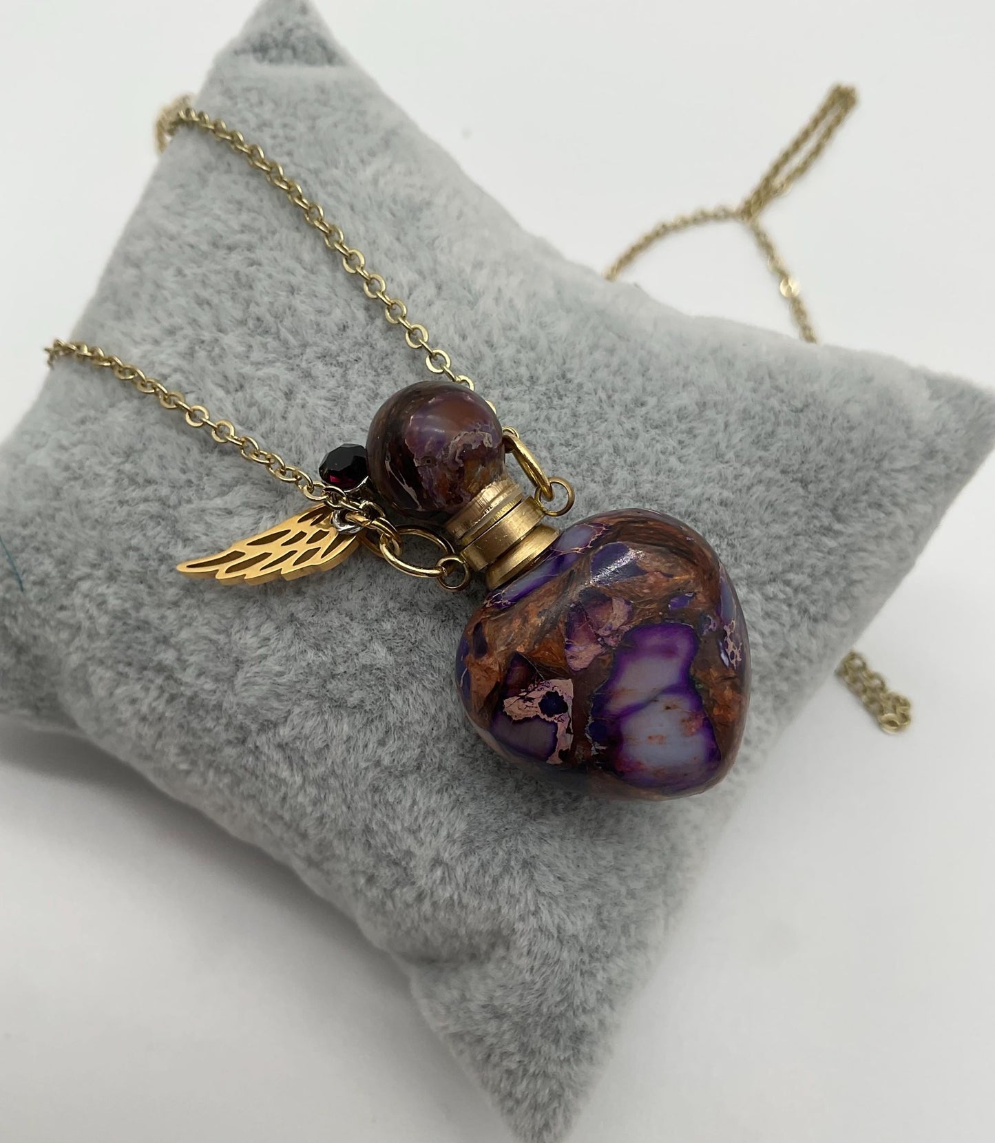 Natural Stone Purple with Gold Accents Ash Urn Necklace with Birthstone and Angel Wing Charm - Funeral Memorial Jewelry