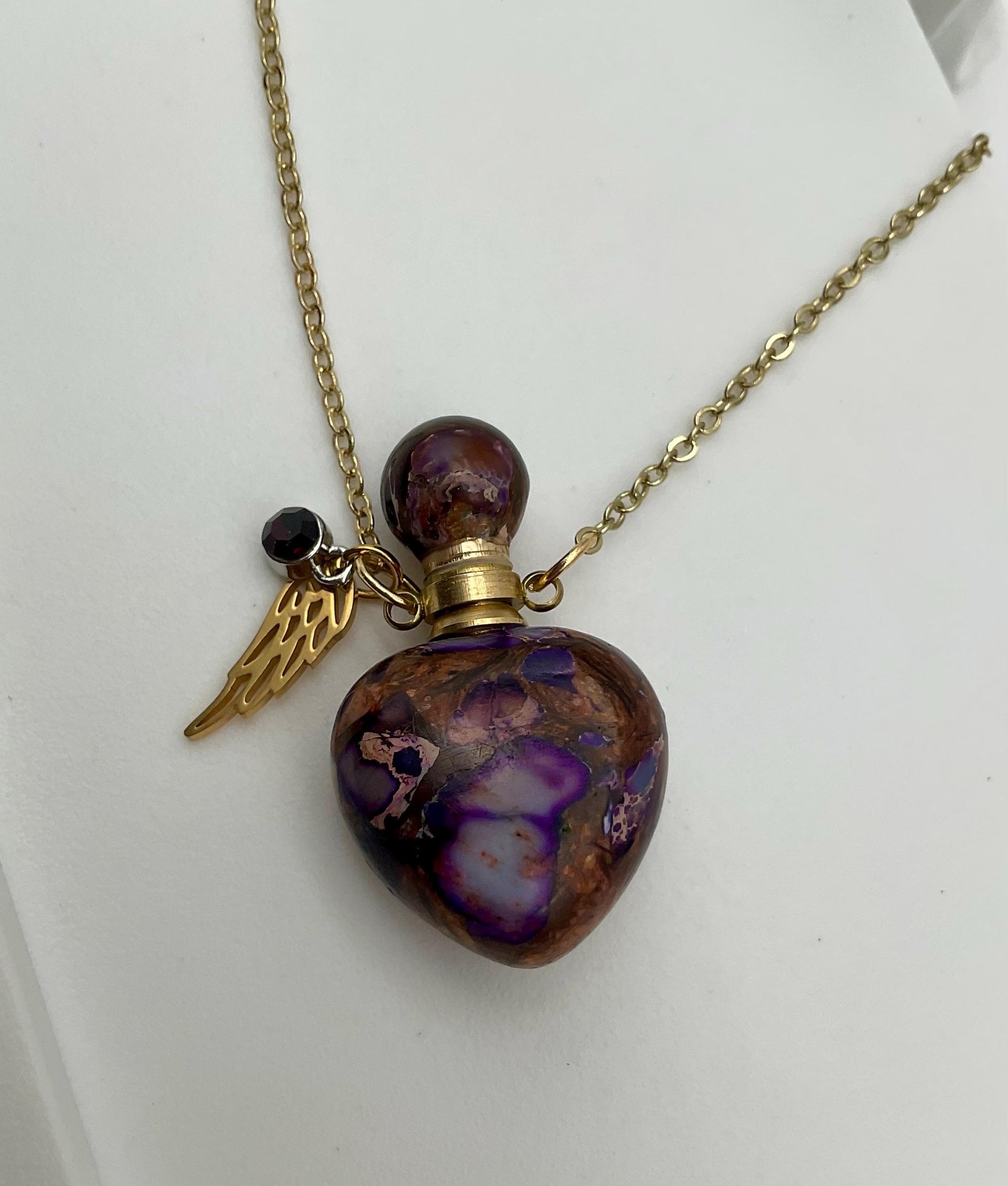 Natural Stone Purple with Gold Accents Ash Urn Necklace with Birthstone and Angel Wing Charm - Funeral Memorial Jewelry