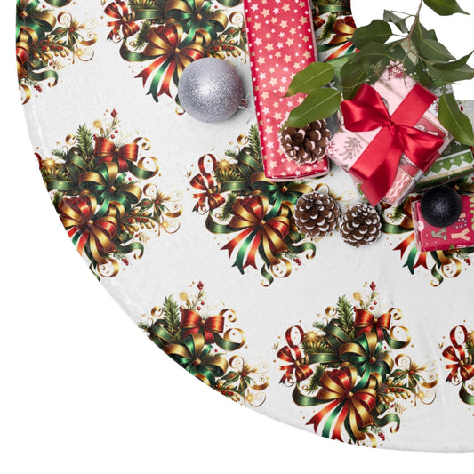 Christmas Tree Skirts Decor - Green, Red, and Gold Ribbon White Background