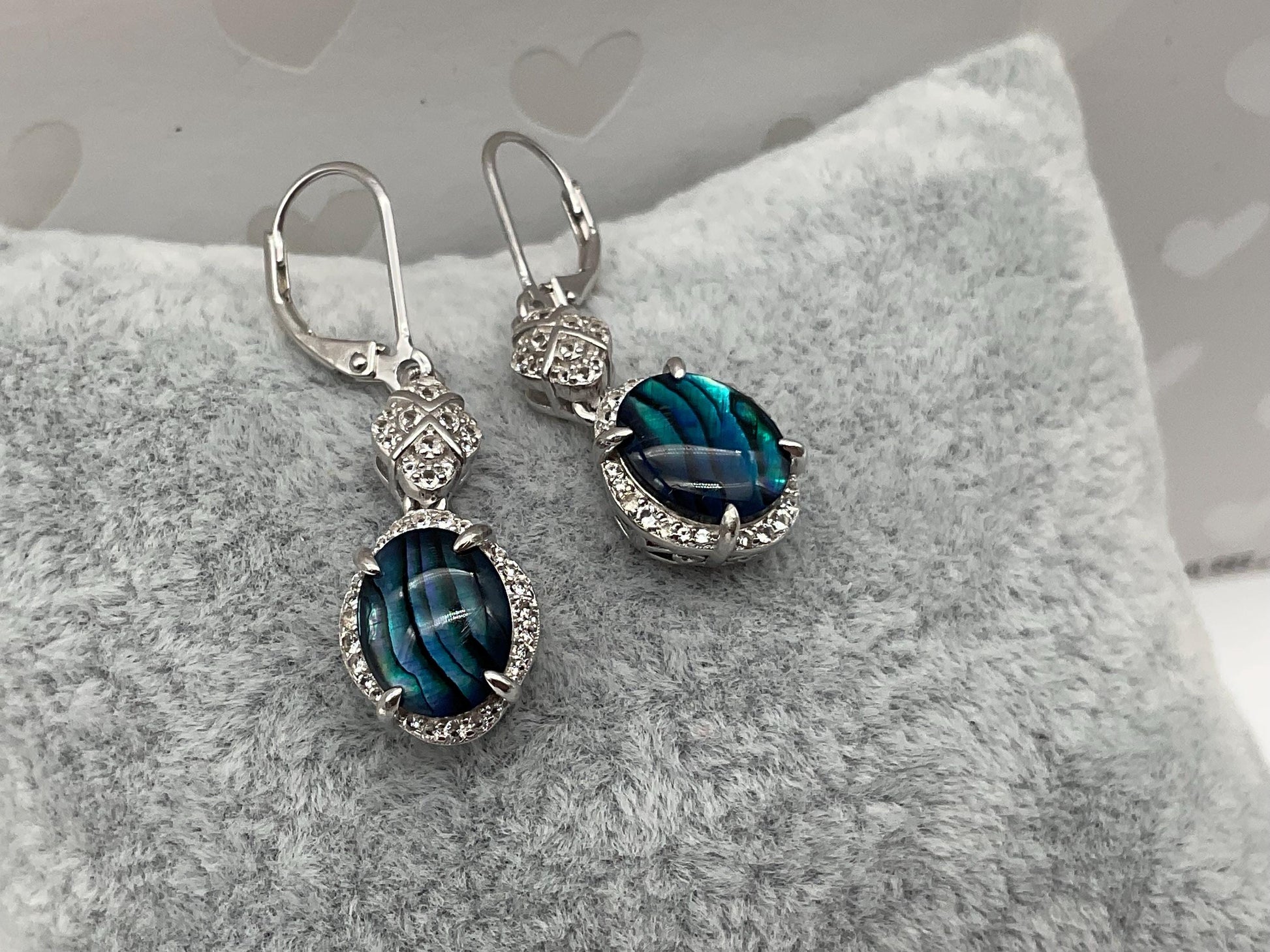 Sterling Silver Teal - Blue Abalone Shell Drop Dangle Earrings with CZ Accents