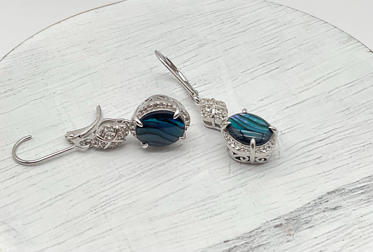 Sterling Silver Teal - Blue Abalone Shell Drop Dangle Earrings with CZ Accents