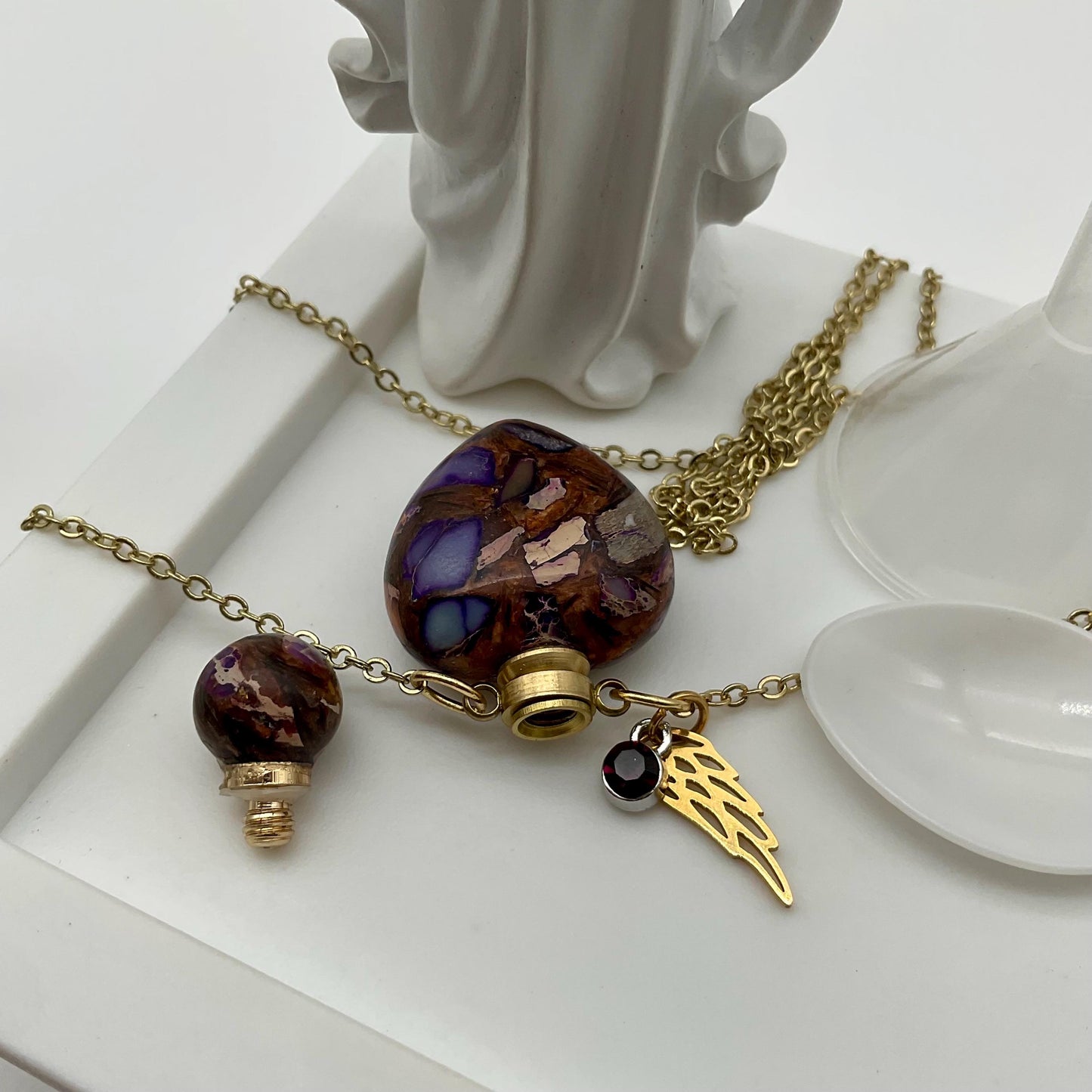 Natural Stone Purple with Gold Accents Ash Urn Necklace with Birthstone and Angel Wing Charm - Funeral Memorial Jewelry