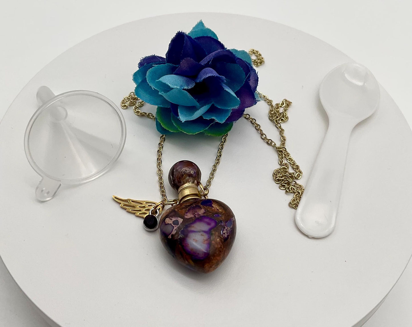 Natural Stone Purple with Gold Accents Ash Urn Necklace with Birthstone and Angel Wing Charm - Funeral Memorial Jewelry