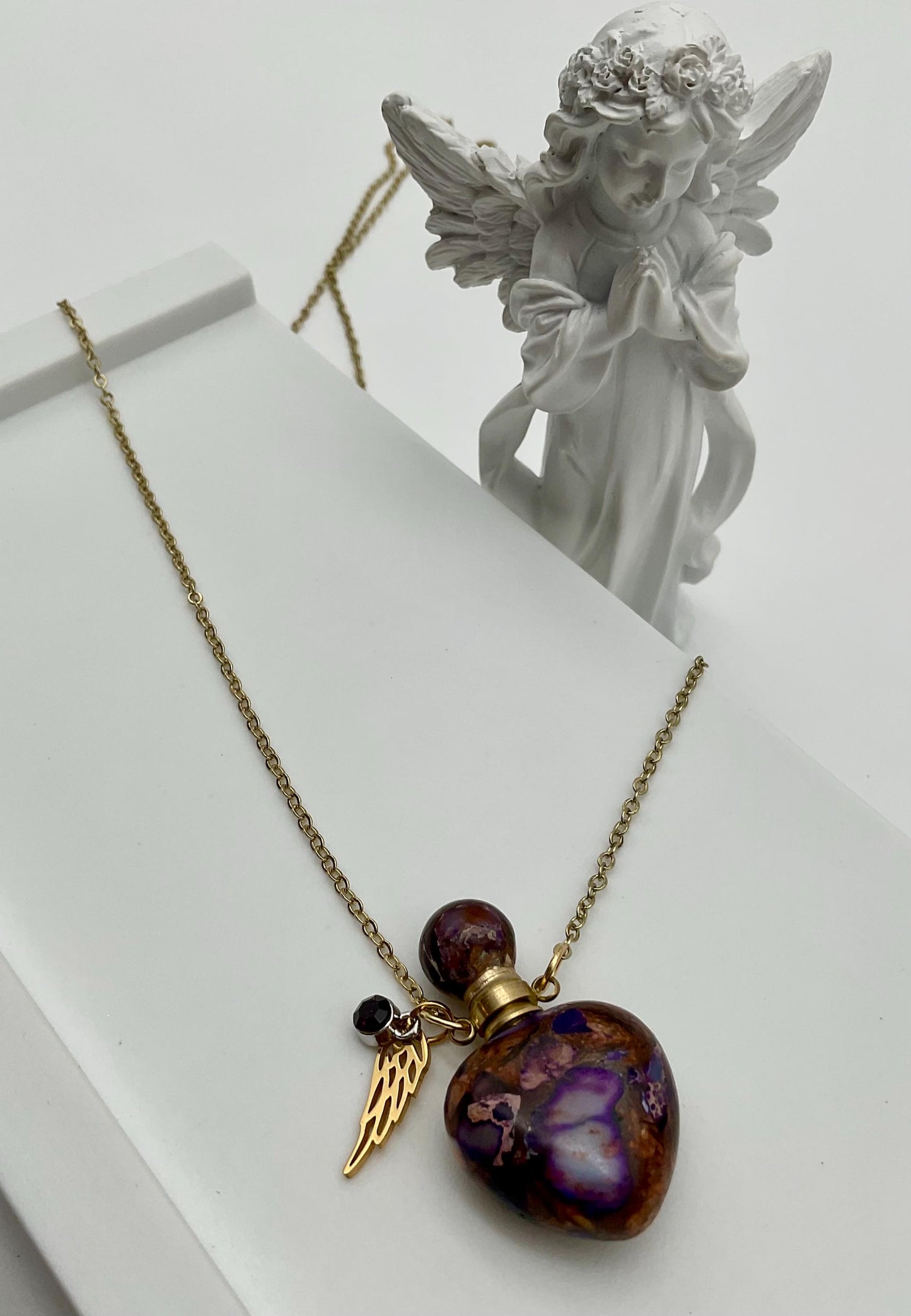 Natural Stone Purple with Gold Accents Ash Urn Necklace with Birthstone and Angel Wing Charm - Funeral Memorial Jewelry