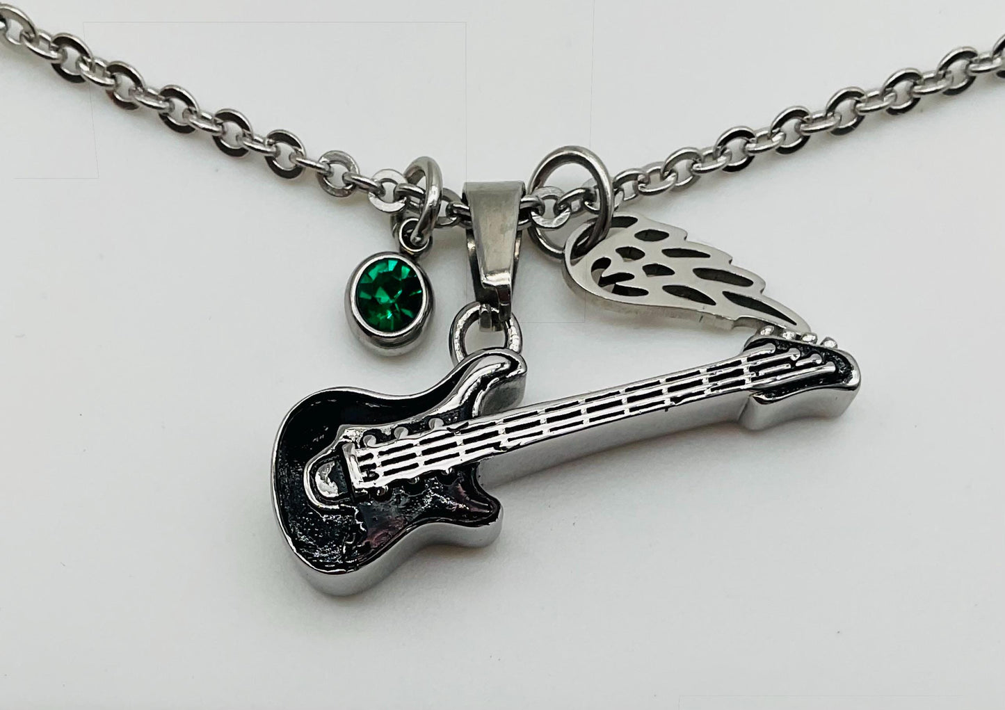 Music Guitar Ash Urn Necklace with Angel Wing and Birthstone