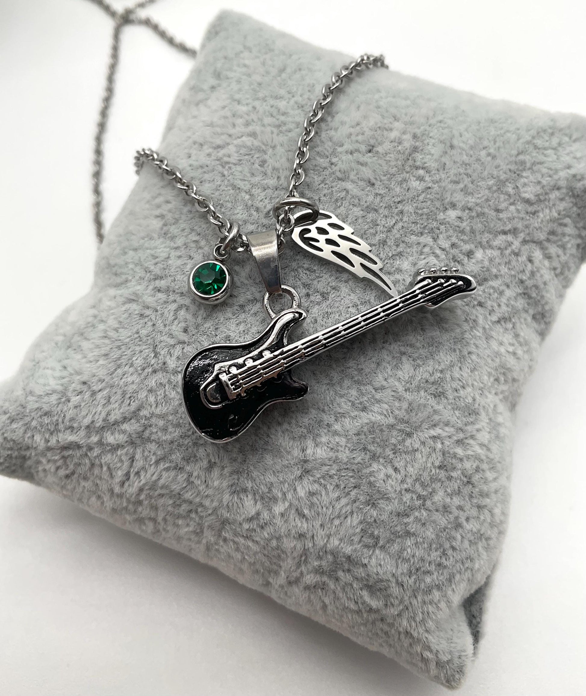 Music Guitar Ash Urn Necklace with Angel Wing and Birthstone