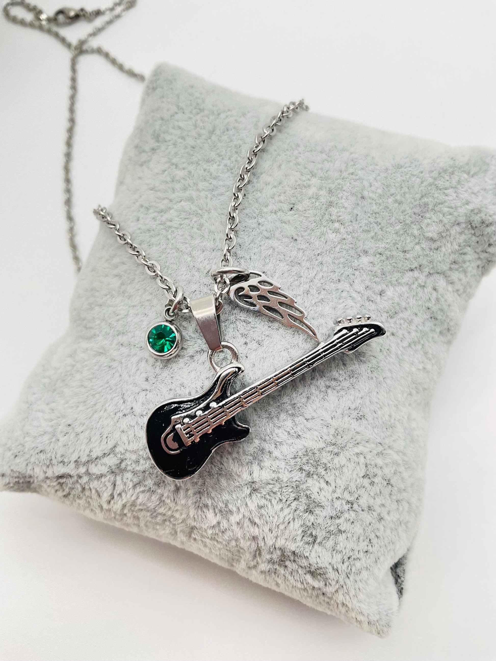 Music Guitar Ash Urn Necklace with Angel Wing and Birthstone