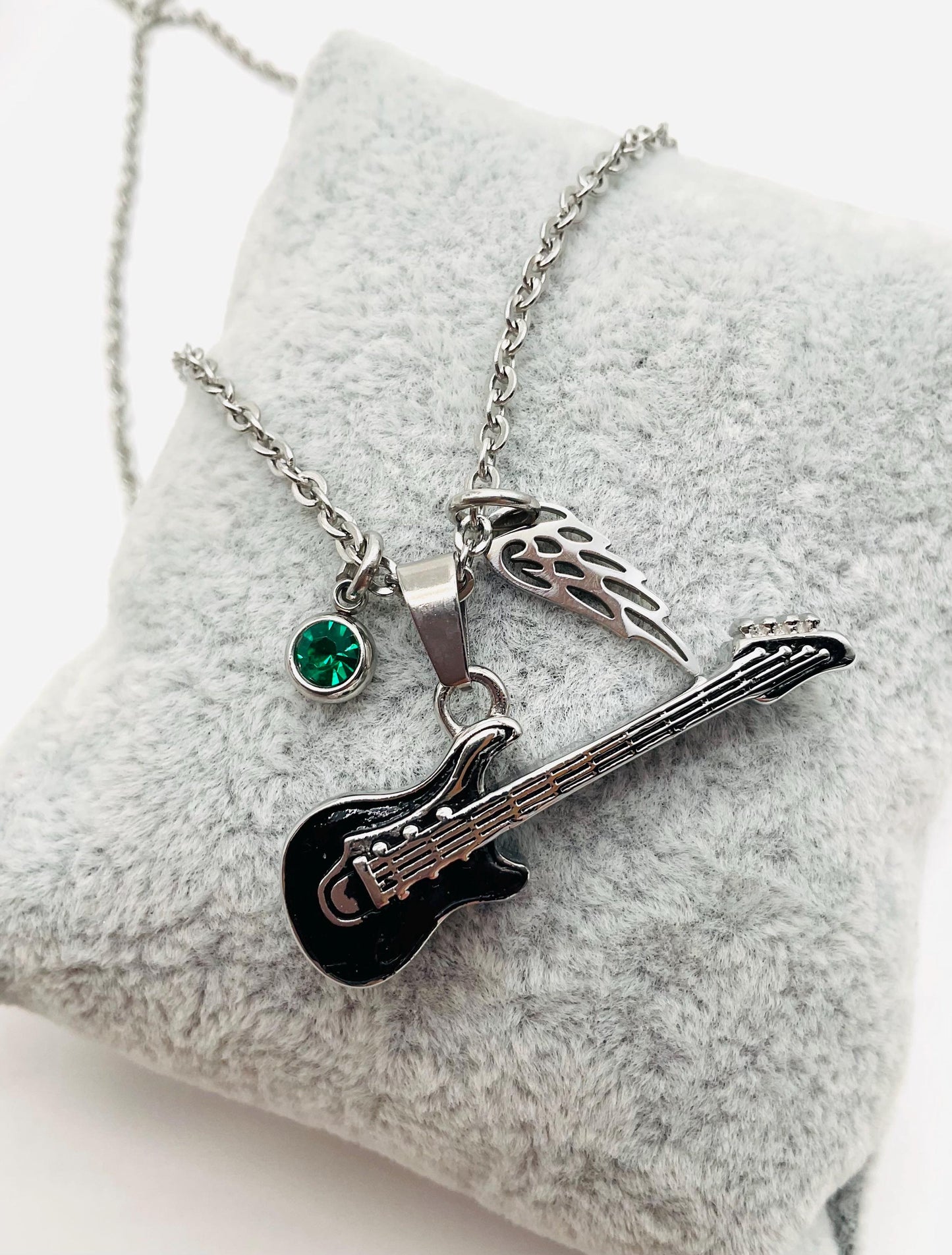 Music Guitar Ash Urn Necklace with Angel Wing and Birthstone