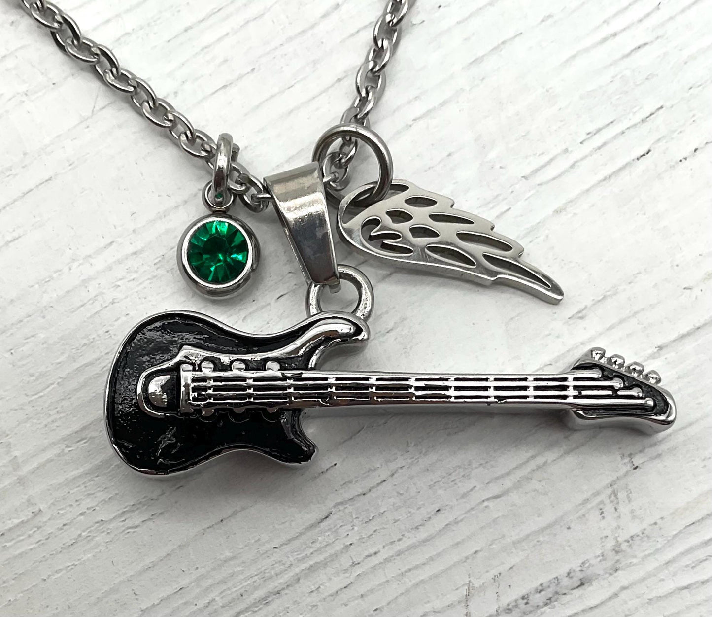 Music Guitar Ash Urn Necklace with Angel Wing and Birthstone