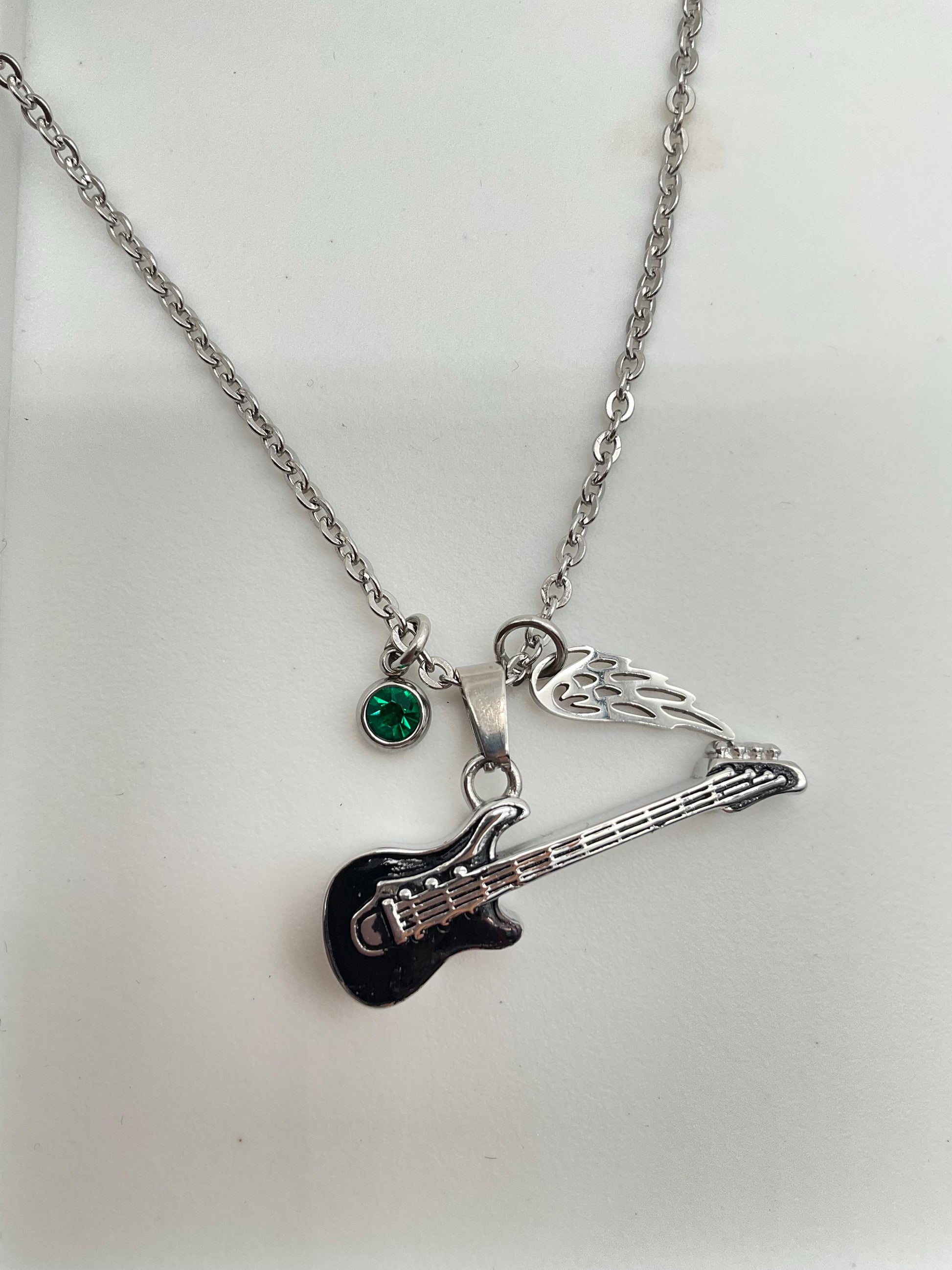 Music Guitar Ash Urn Necklace with Angel Wing and Birthstone