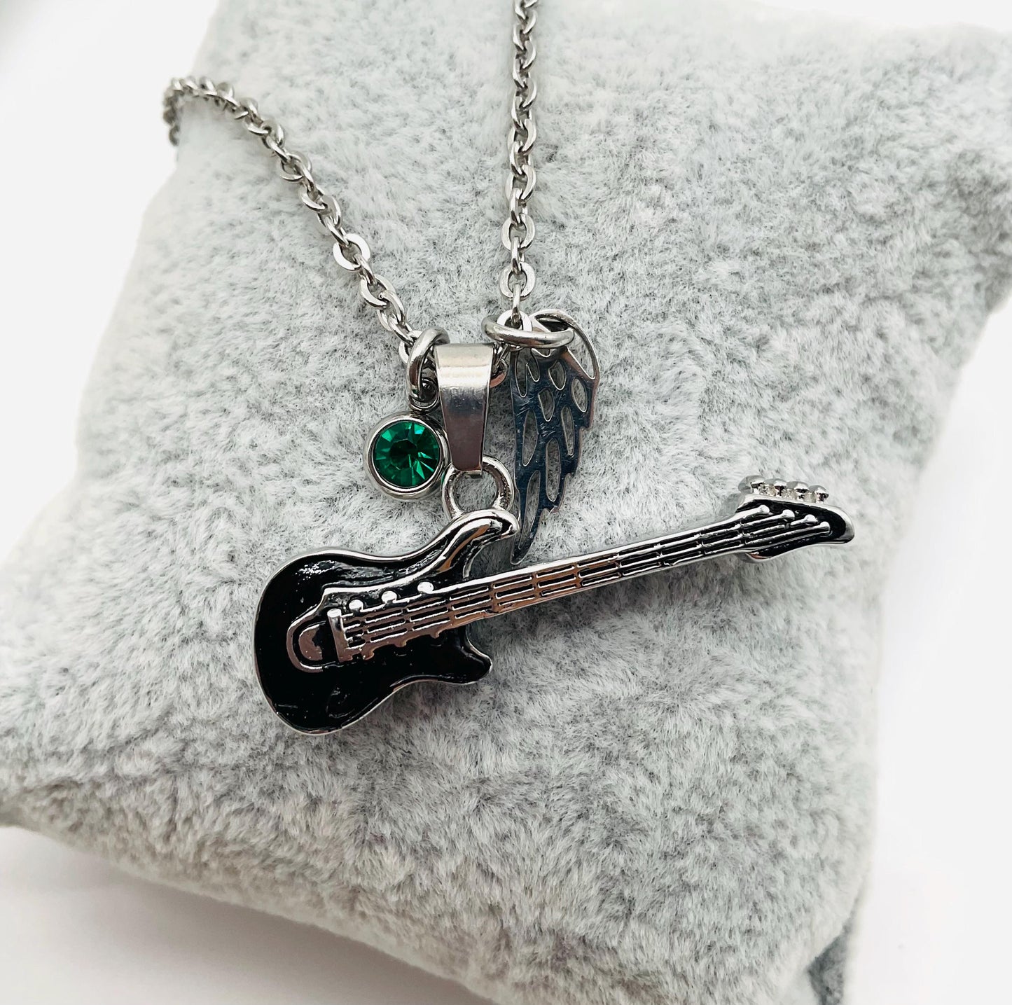 Music Guitar Ash Urn Necklace with Angel Wing and Birthstone