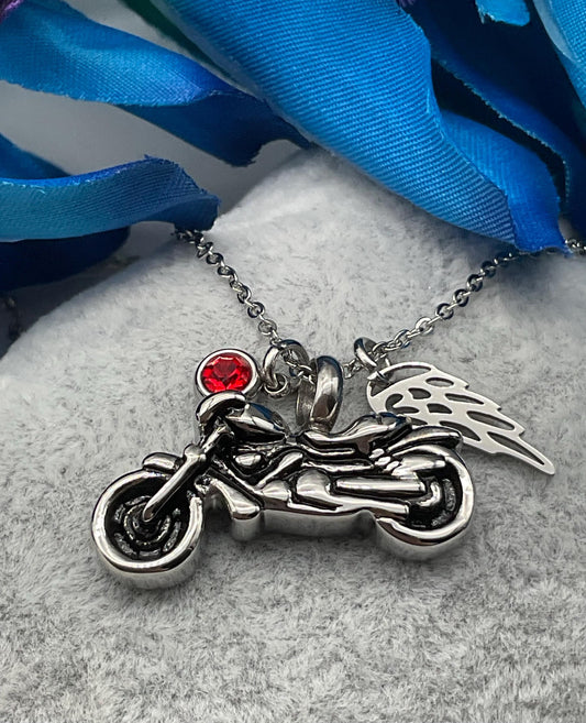 Motorcycle Ash Urn Necklace with Angel Wing and Birthstone