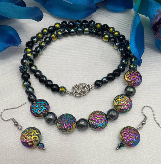 Black / Terquoise Pearl Necklace with Iridescent Fire Polished Accent Beads with Matching Earrings