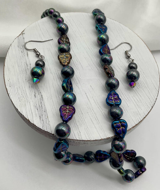 Black / Terquoise / Purple Pearl Necklace 18” with Iridescent Fire Polished Accent Beads with Matching Earrings
