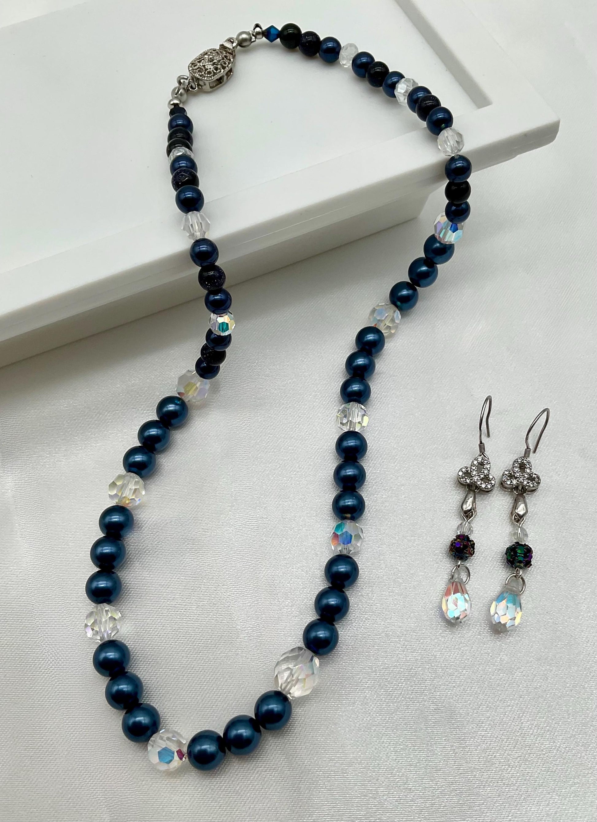 Navy Blue Pearl Necklace 18” CRYSTAL Accents and Matching Earrings - Wedding Bridal Prom Jewelry
