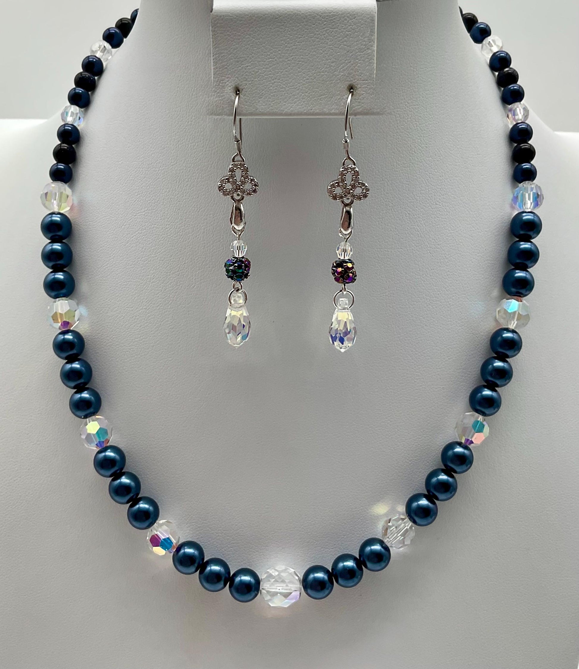 Navy Blue Pearl Necklace 18” CRYSTAL Accents and Matching Earrings - Wedding Bridal Prom Jewelry