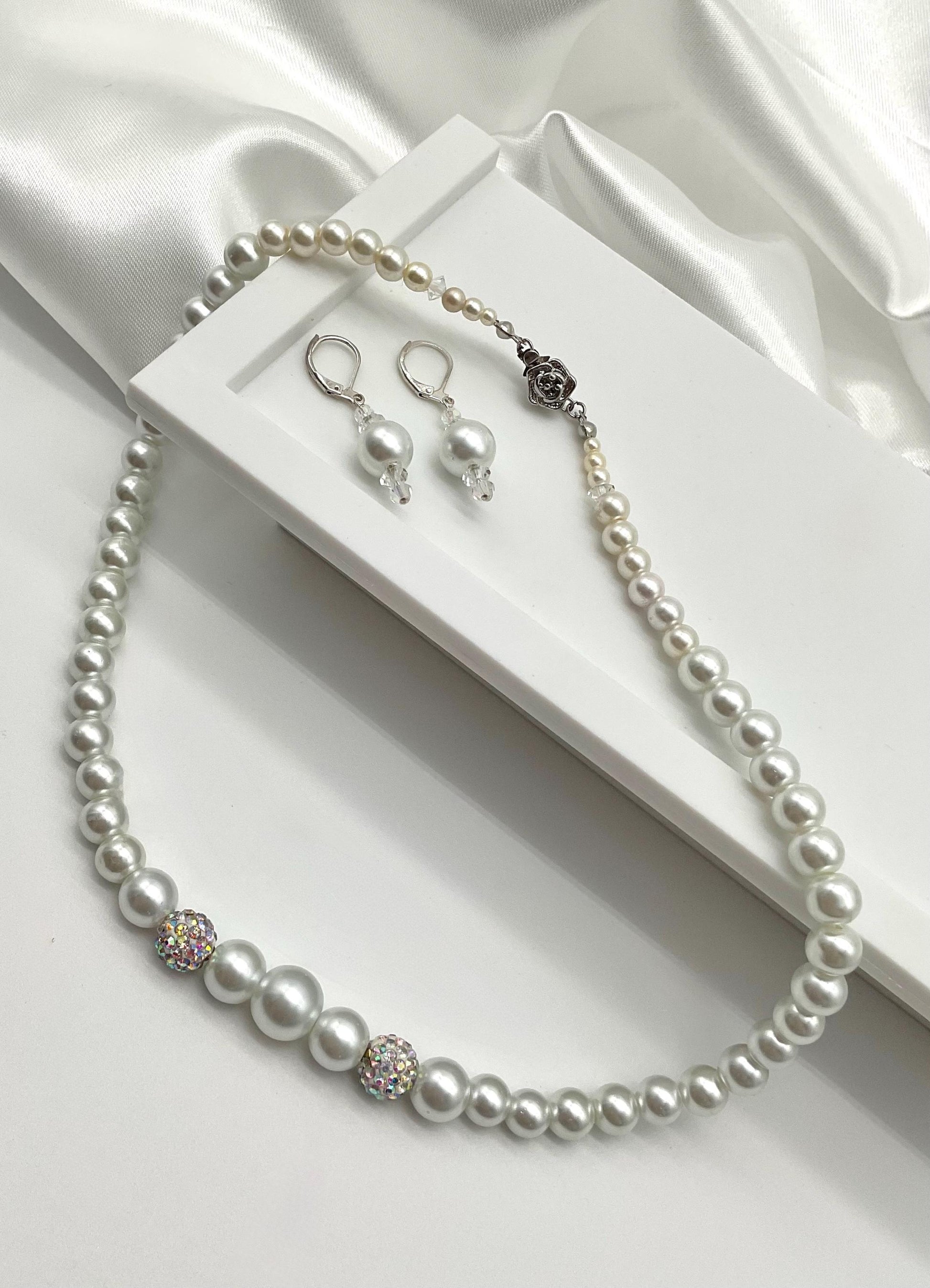 White Pearl Necklace 18” with Matching Earrings Wedding Bridal Prom Jewelry