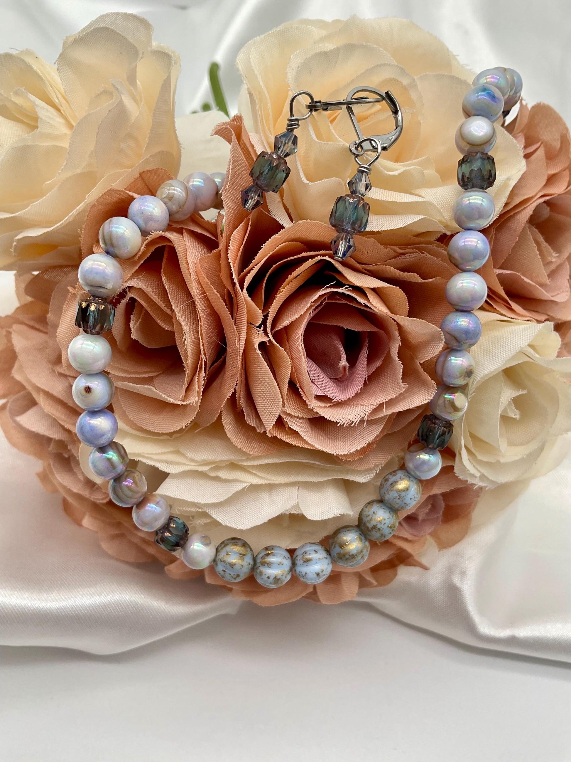 Blue Swirl Pearl Necklace 18” with Matching Earrings Wedding Bridal Prom Jewelry