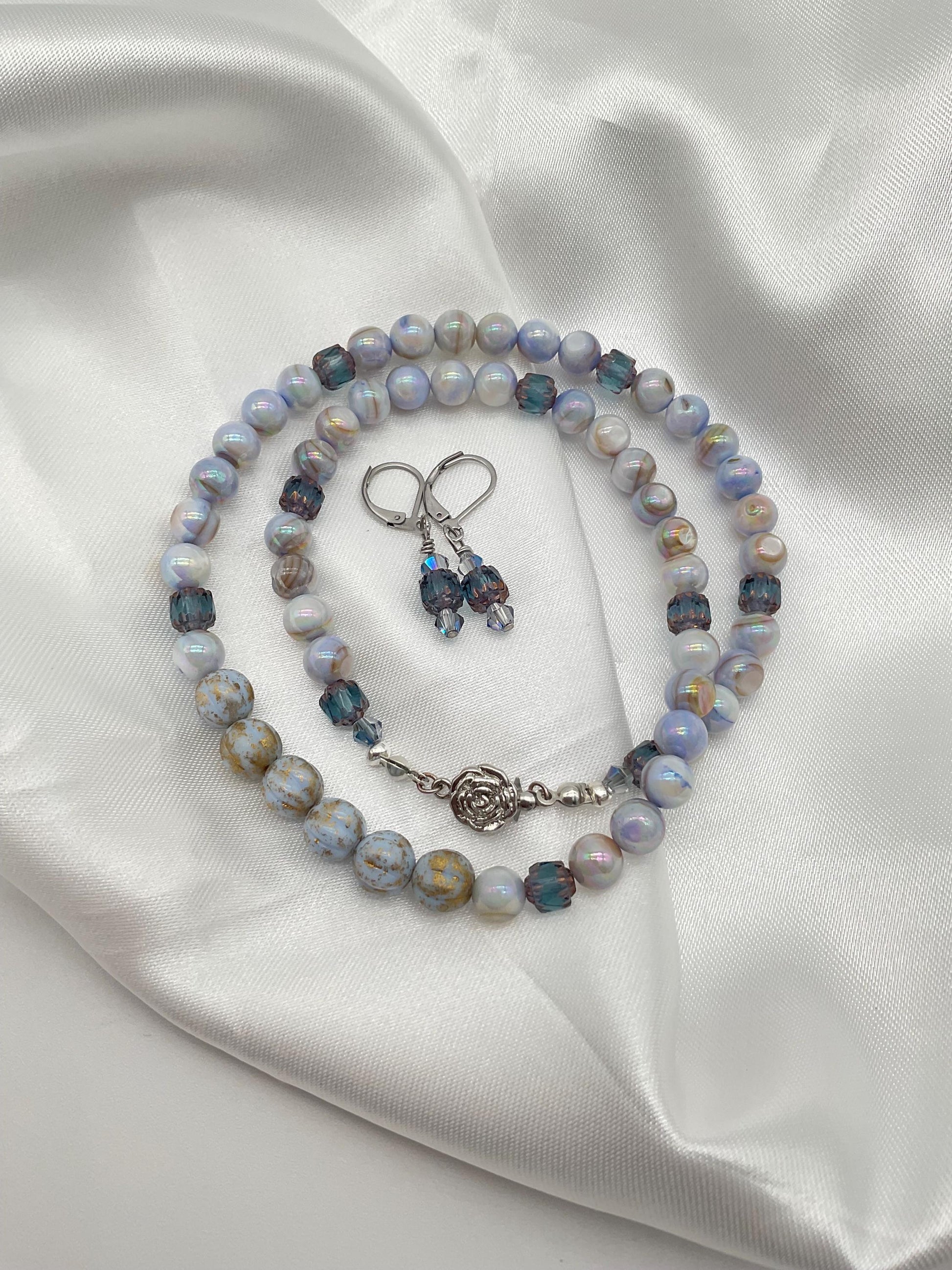 Blue Swirl Pearl Necklace 18” with Matching Earrings Wedding Bridal Prom Jewelry