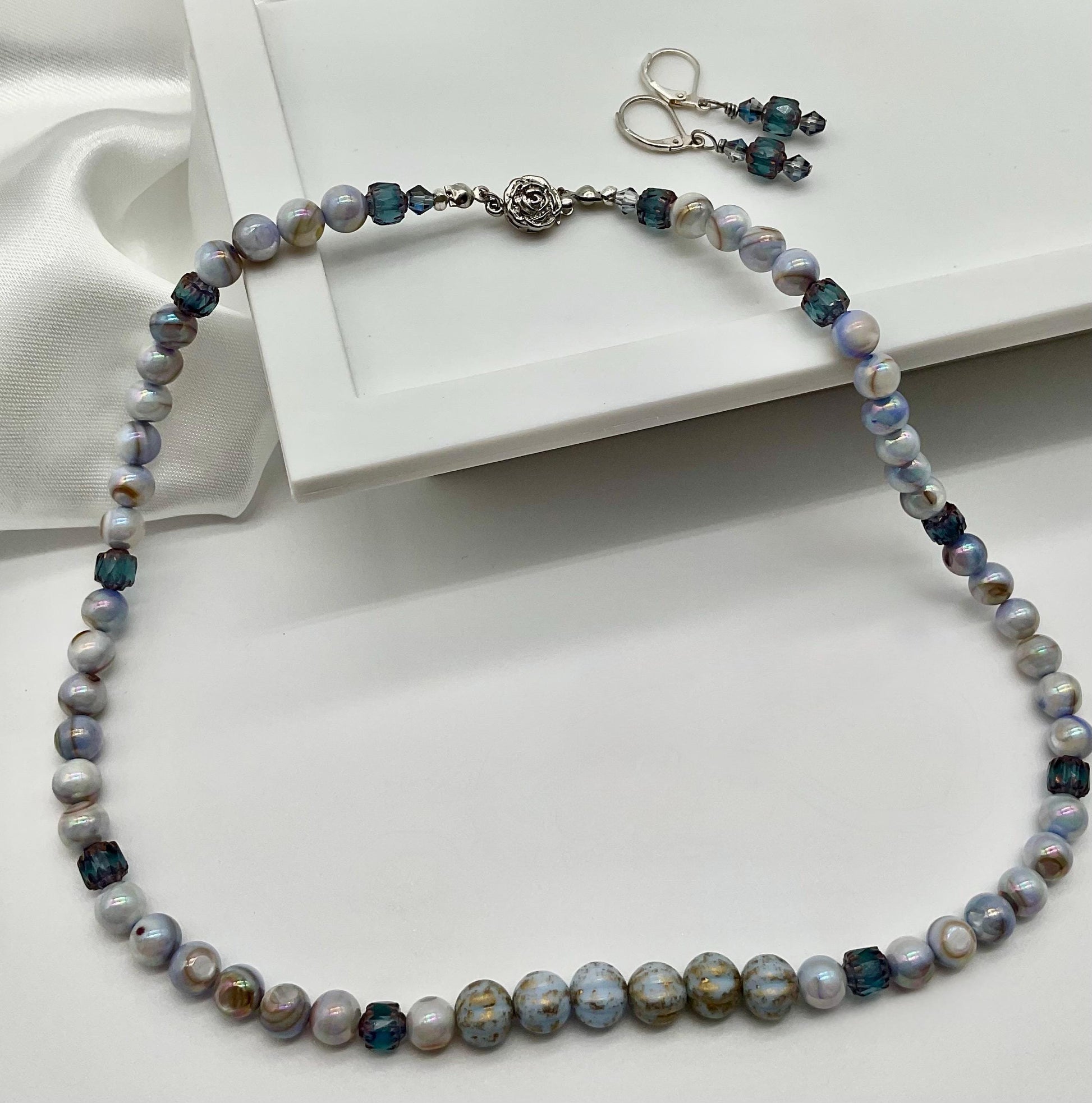 Blue Swirl Pearl Necklace 18” with Matching Earrings Wedding Bridal Prom Jewelry